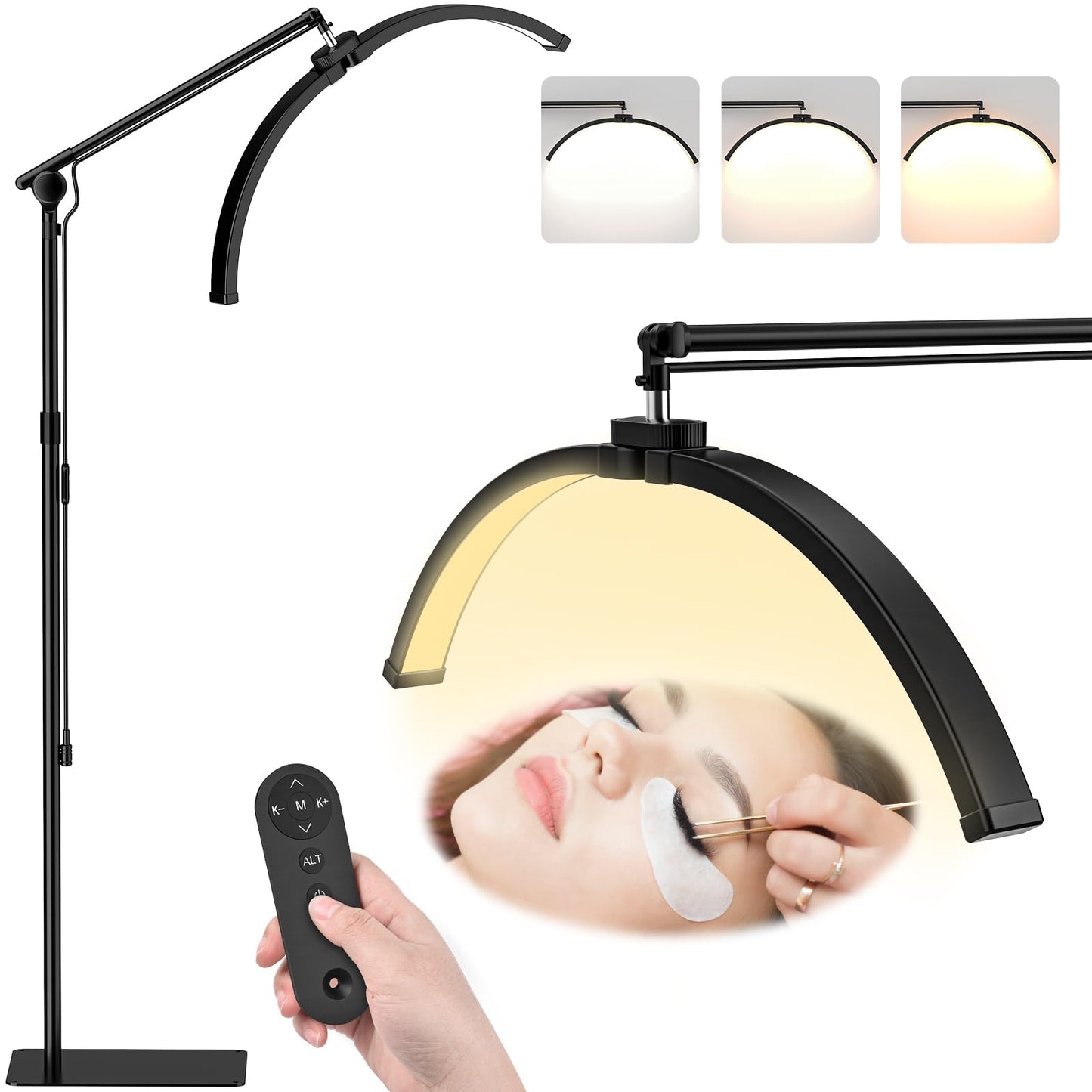 LateRep Half Moon Light, 3-Color Lash Light for Eyelash Tech, Foldable Dimmable Floor Lamp, 308 Led Beads Shadowless Half Moon Lamp with 360° Rotation for Beauty, Tattoo, Reading