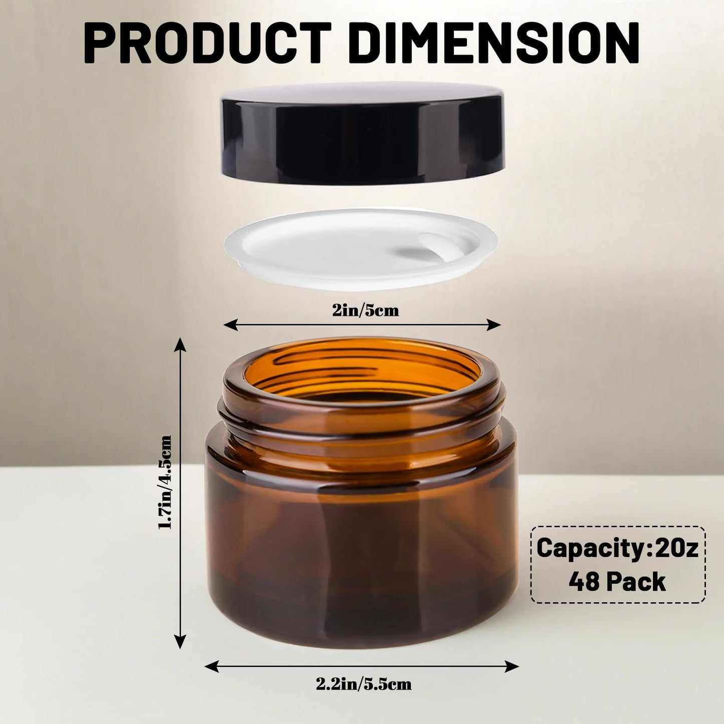 PetalPursuit 2oz Amber Glass Jars with Lids, 48 Pack Sample Containers for Storing Lotions, Moisturizers, Lip Balm and Cosmetics