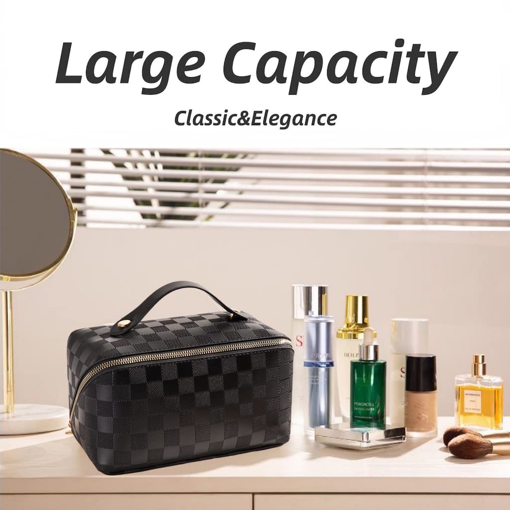 BIVIZKU Large Capacity Checkered Makeup Bag Portable Travel Cosmetic Bags Open-Flat Toiletry Bag for Women Girls Make Up Organizer with Divider Pouch Zipper Bag (black-checkered)