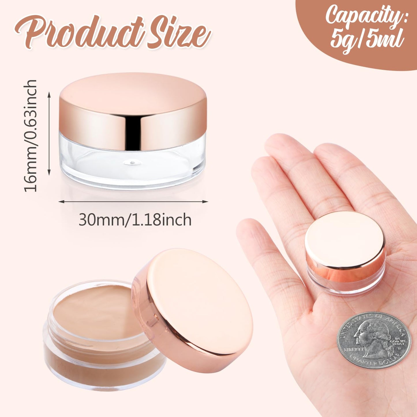 30 Pcs 5g/5ml Plastic Container Jars Empty Clear Cosmetic Sample Pots with Rose Gold Lid for Cream Lotion Lip Balm Eye Shadow Nails Powder Jewelry