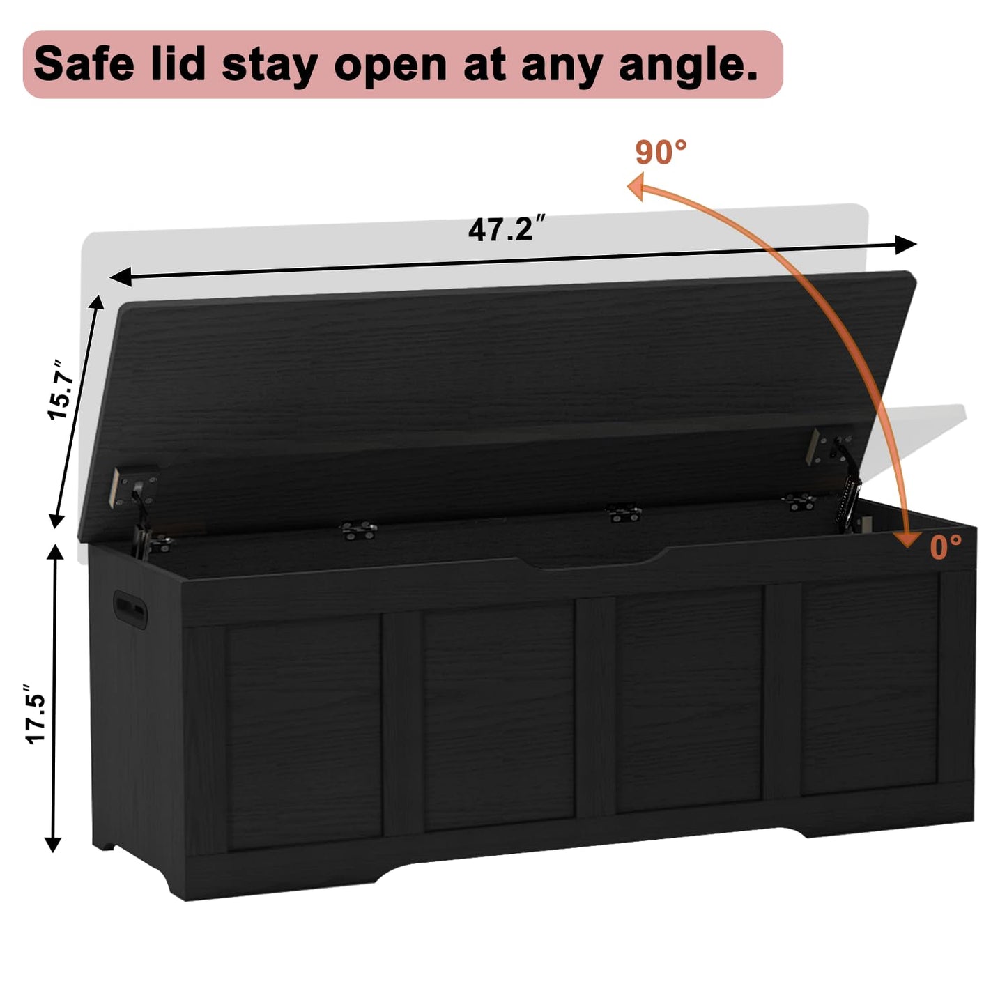 Timberer 47.2" Storage Chest, Extra Large Storage Trunk with 2 Safety Hinges, Wooden Storage Bench, Shoe Bench, Entryway Bench for Living Room, Bedroom, Black