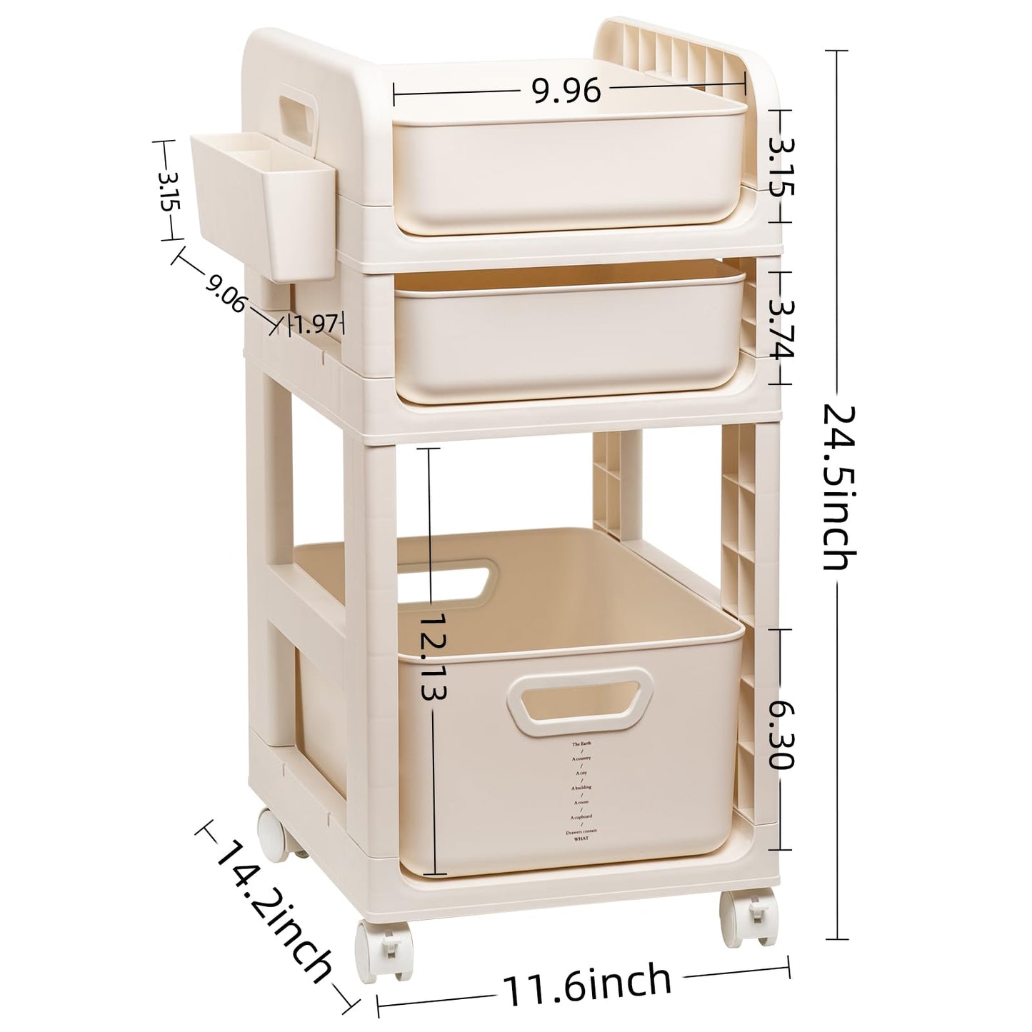 Rolling Makeup Organizer Cart with Removable Drawer, 3 Tier Stable White Floor Skincare Storage Cart for Vanity, Cosmetic Display, Nail Polish, Perfume, Hair Stuff, Beauty, Bathroom (3 Tier White)