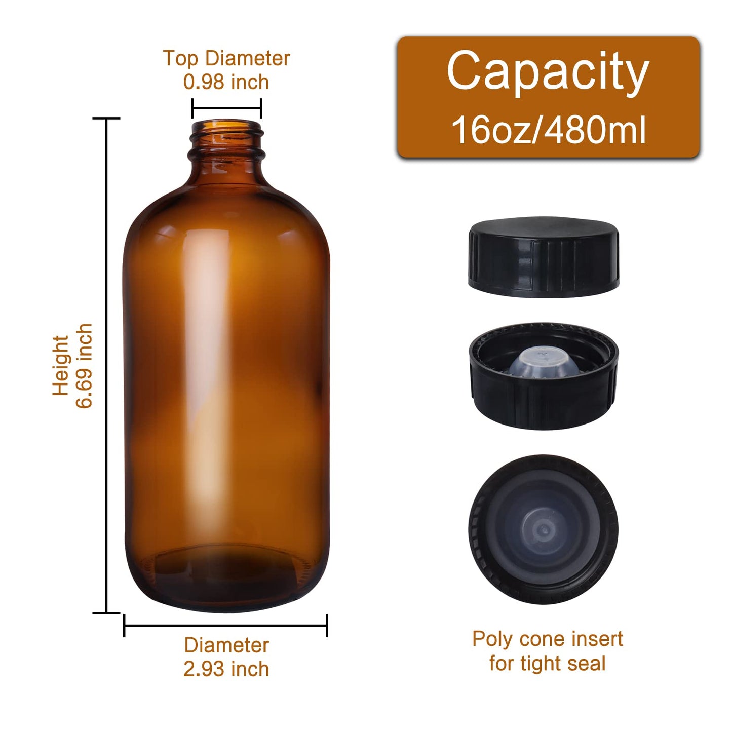 HWASHIN 12 Pack 16 oz Amber Boston Round Glass Bottles with Black Caps for Secondary Kombucha Fermentation and Lab Chemicals (2 Funnels and 20 Pieces Black Chalkboard Labels Included)