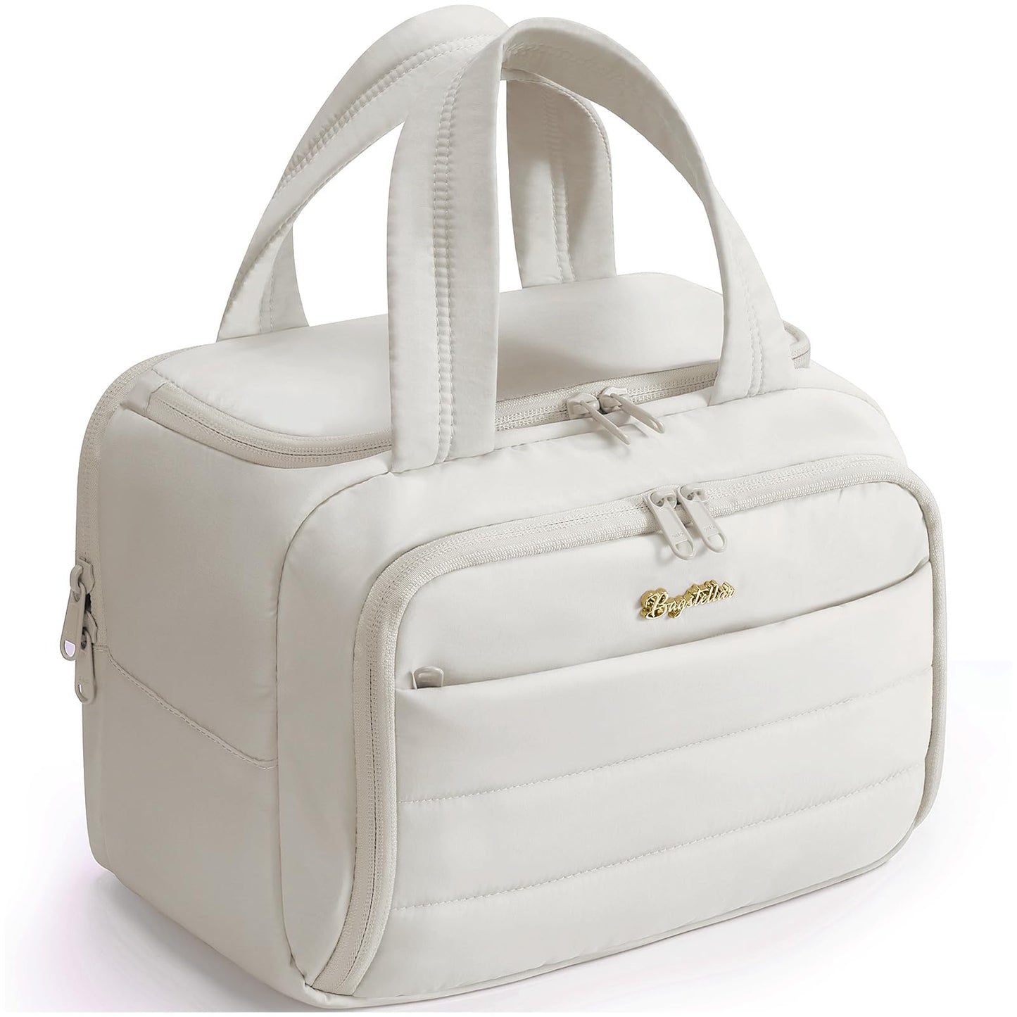 Bagstellar Travel Toiletry Bag for Women, Lightweight Large Quilted Puffy Makeup Bag Wide-open Make up Organizer Cloud Cosmetic Bag w/Handle for Traveling Toiletries, Essentials, Accessories, Beige
