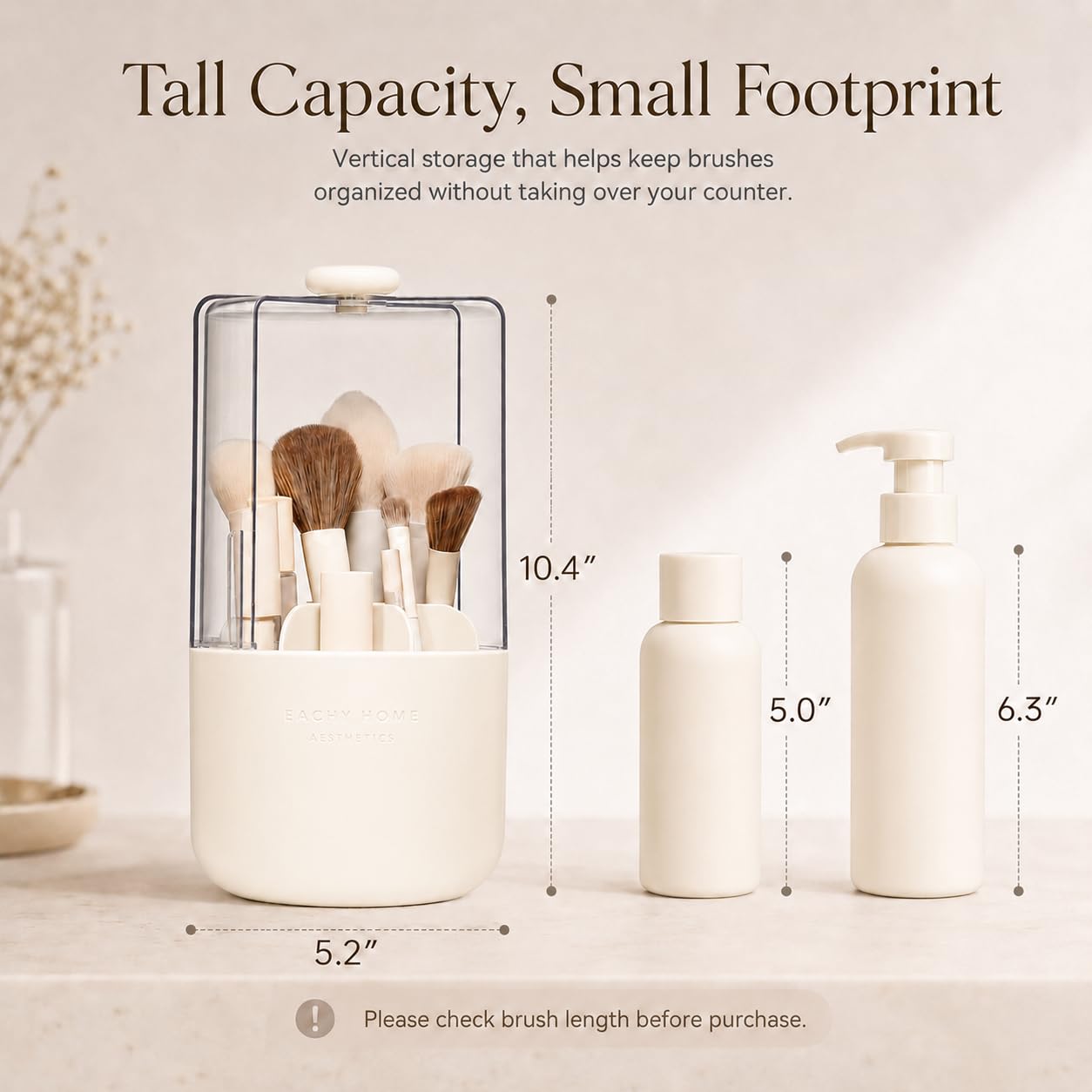 EACHY Makeup Brush Holder with Lid, 360° Rotating Vanity Organizer for Brushes, Dustproof Cosmetic Display Case, 7 Compartments, Waterproof Plastic (Beige)