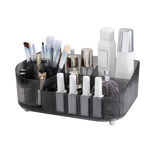 DASITON Large Capacity Makeup Organizer with 360° Rotating Makeup Brush Holder, Multi-Compartment Skincare and Cosmetic Storage for Vanity, Bathroom Countertop, Dresser, Desktop Storage Box (Gray)