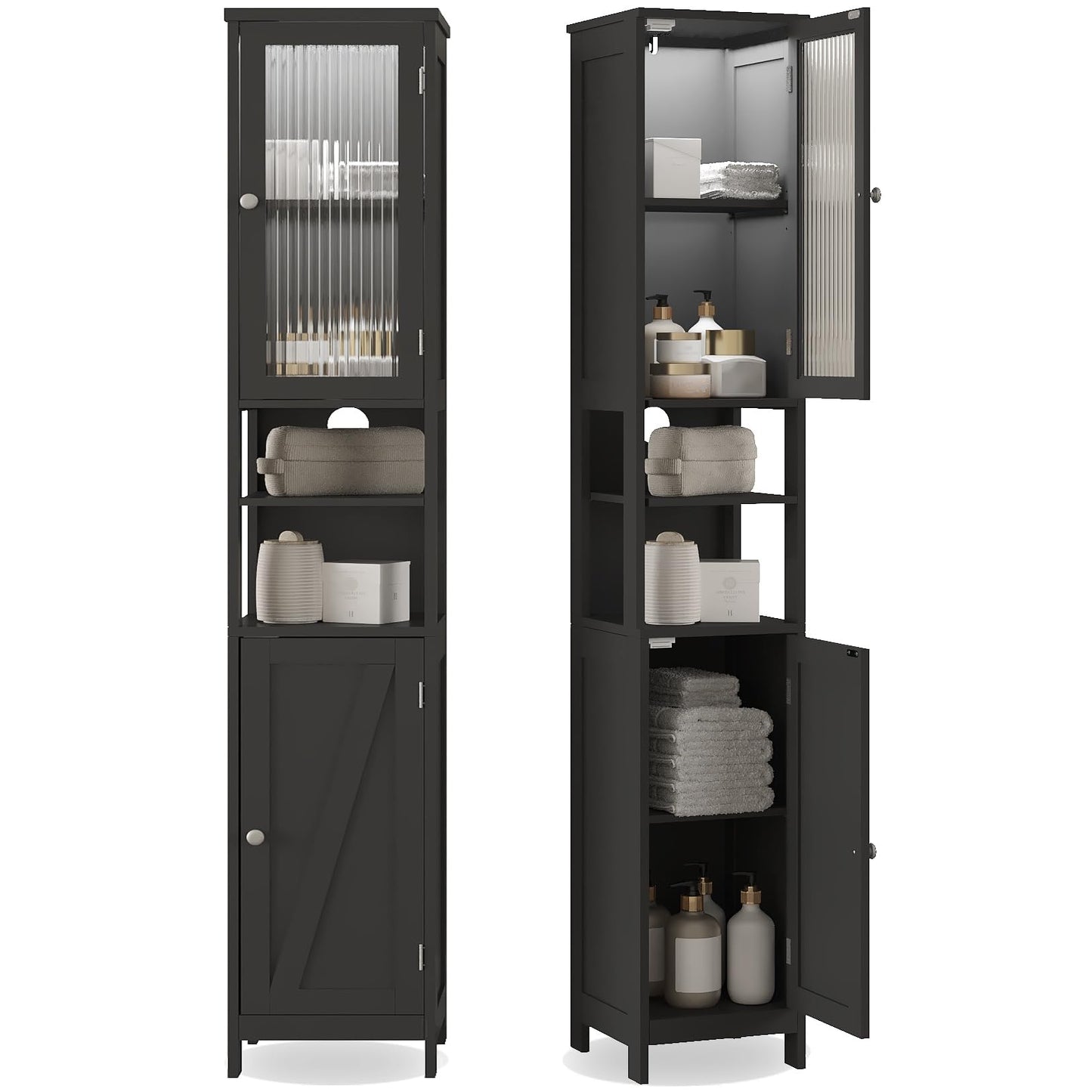 ChooChoo Tall Bathroom Storage Cabinet with Light，5-Tier Narrow Bathroom Cabinet with 2 Doors, Slim Storage Linen Cabinet Freestanding with Adjustable Shelves for Space Saving, Black