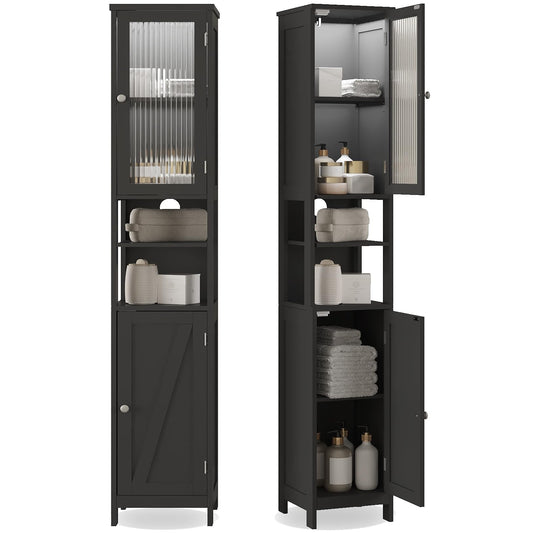 ChooChoo Tall Bathroom Storage Cabinet with Light，5-Tier Narrow Bathroom Cabinet with 2 Doors, Slim Storage Linen Cabinet Freestanding with Adjustable Shelves for Space Saving, Black