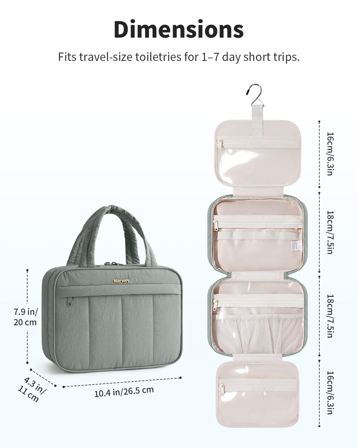 Narwey Hanging Travel Toiletry Bag for Women, Quilted Makeup Bag Organizer with Handle, Travel Bathroom Bag, Portable Toiletries Bag for Essentials, Accessories, Brushes, Cosmetics (Sage Green)