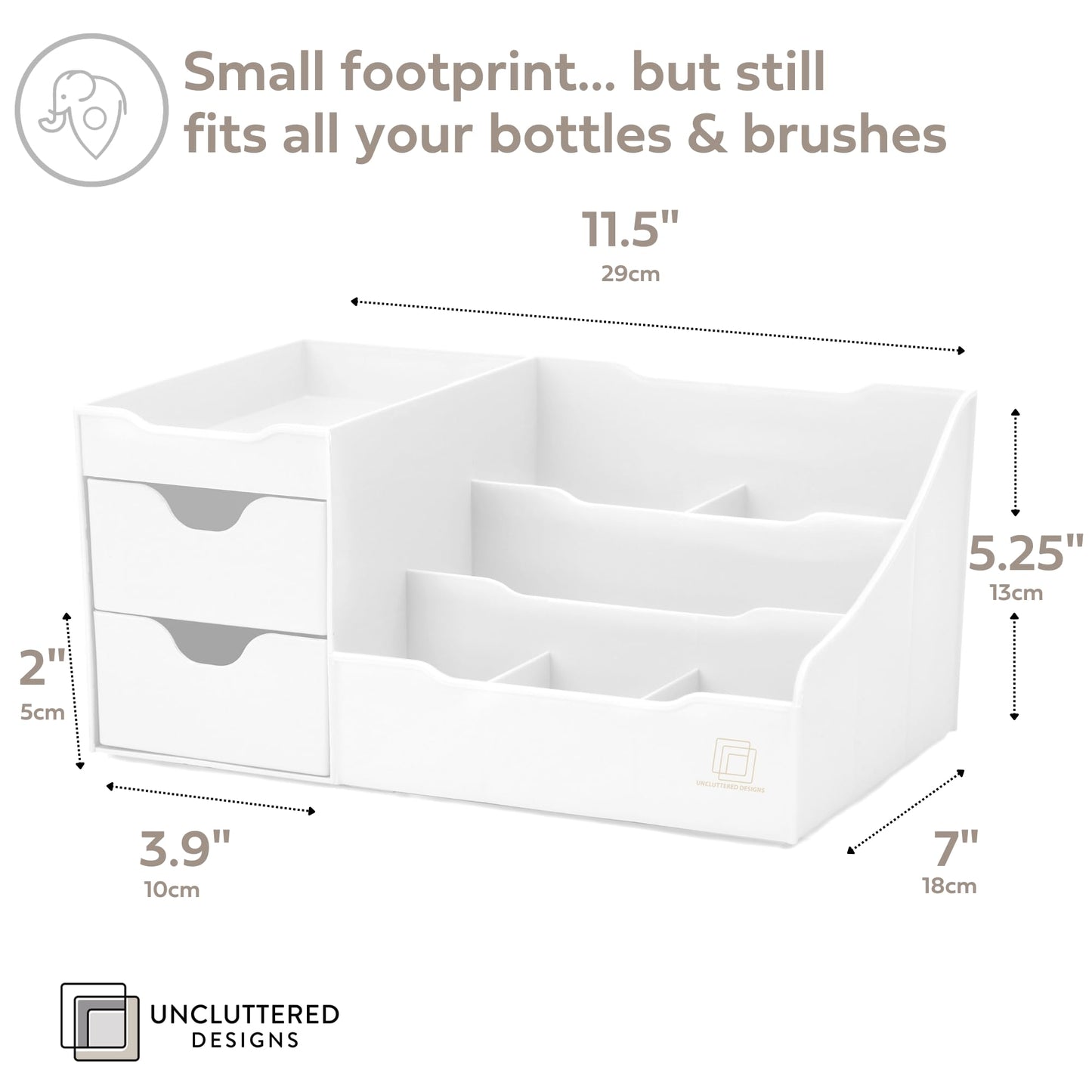 Uncluttered Designs Large Makeup Organizer for Vanity - Countertop Desk With Drawers for Cosmetic, Beauty, Hair, Nail, Perfume & Skincare - Perfect for Bathroom & Bedroom Storage (White)