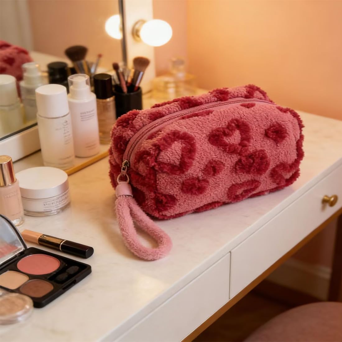 SxoSyo Heart Makeup Bag for Women, Plush Cosmetic Bags, Rose Pink