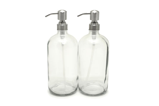 Vivaplex, 2, Large, 32 oz, Empty, Clear Glass Bottles with Stainless Steel, Lotion Pumps