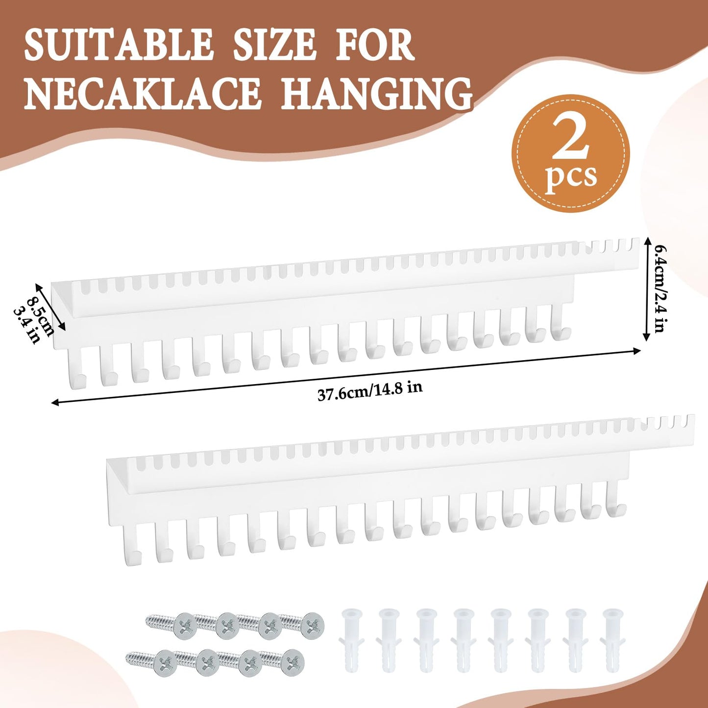2 Pcs White Alloy Necklace Holder Wall Mount, Heavy-Duty Wall Jewelry Organizer with 18 Hooks & Cosmetics Storage Tray, Space-Saving Hanging Jewelry Organizer for Necklaces Bracelets Rings Perfume