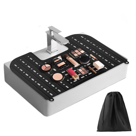 Oryqvane Bathroom Sink Cover for Counter Space,Foldable Silicone Makeup Mat for Hair Styling,Beauty Brush Cleaning Mat,RV Camper Sink Cover & for Small Spaces(Black)