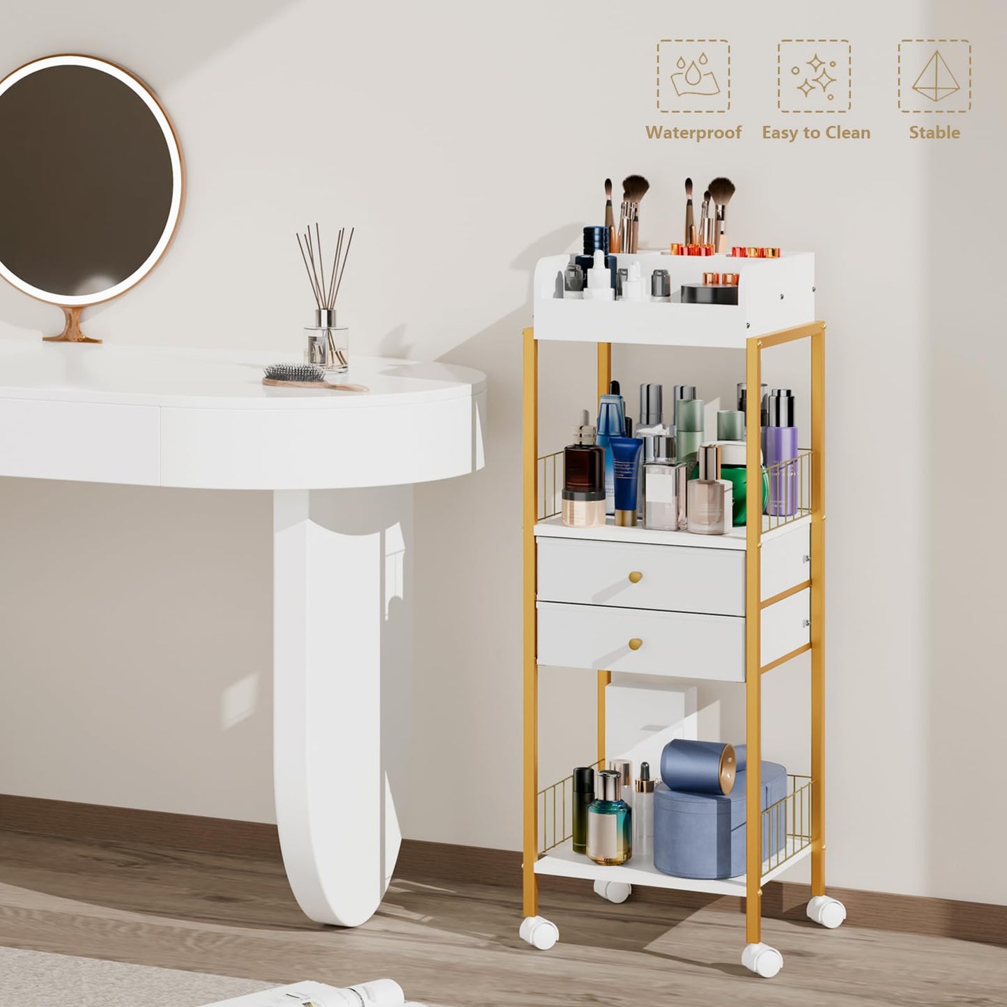 Makeup Organizer Cart Shelf Floor Skincare Organizers Make Up and Station Storage Cabinet For Vanity Standing Cosmetics With Drawers and Wheels For Nail Polish Perfume Hair Tool Holder Beauty(Gold)