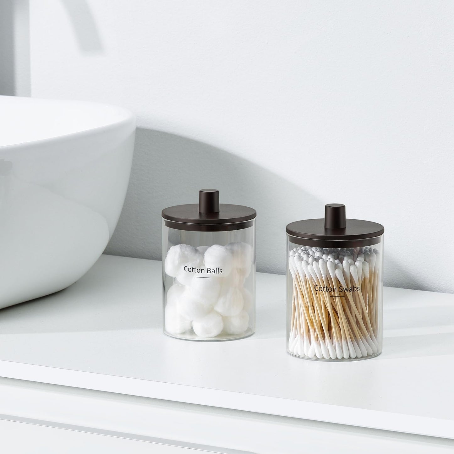 3 Pack Glass Qtip Holder Dispenser- 10 oz Clear Canister Apothecary Jar, Bathroom Vanity Storage Organizer Set for Cotton Swabs, Pads, Floss Picks, Small Containers for Makeup Storage (Brown)