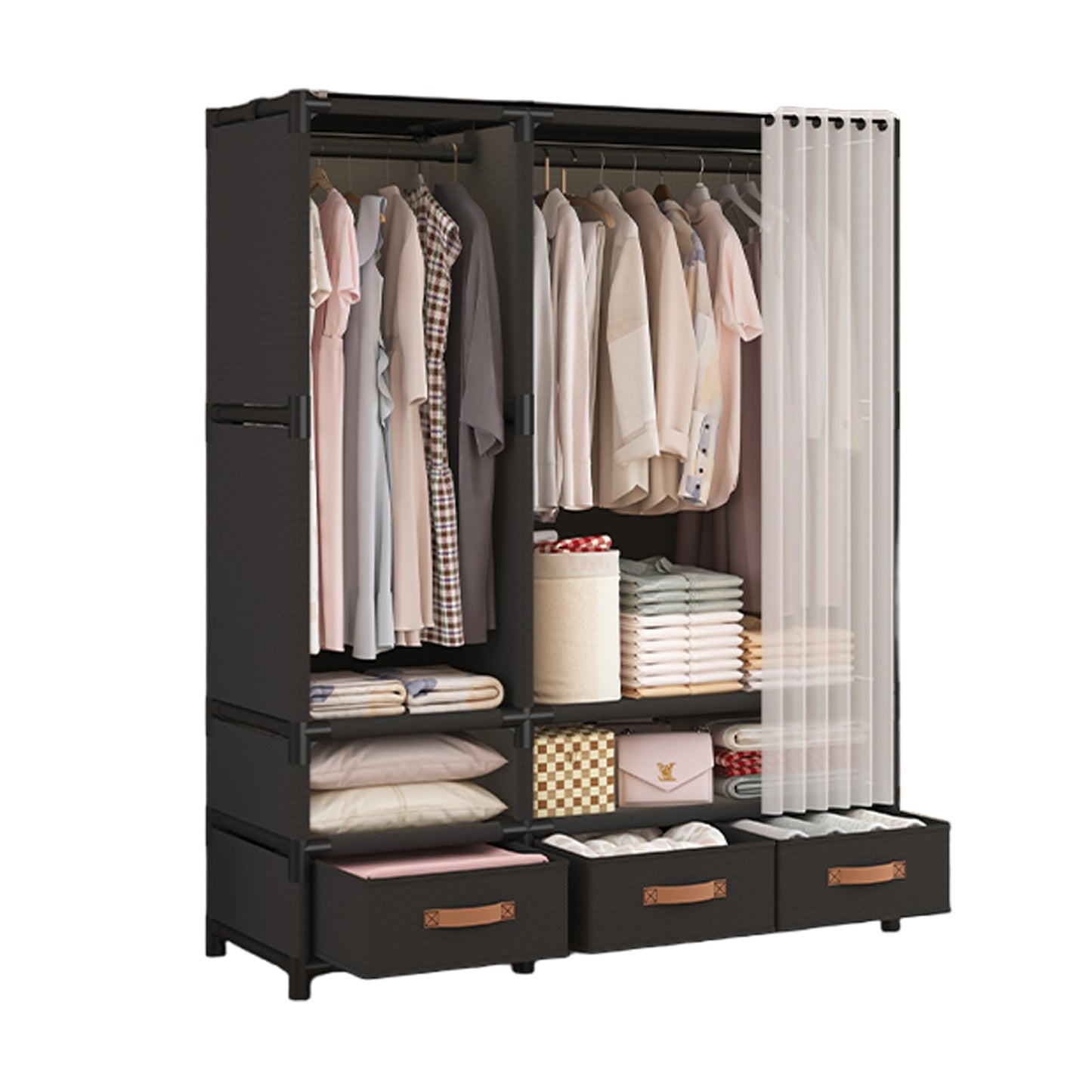 WEALTHYHEART Portable Closet for Hanging Clothes,Japanese Style Wardrobe Closet,Clothes Rack with 3 Drawers,1 Hanging Rods and 2 Storage Shelves,43.3" L x 17.7" W x 65.1" H,Black
