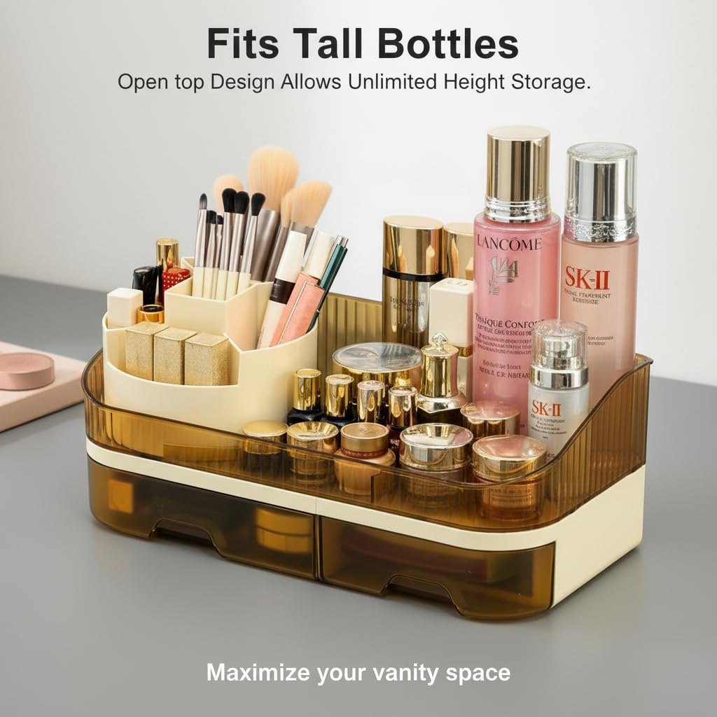 Tidyladyo Makeup Organizer Countertop with Dual Drawers, Large Capacity Cosmetic Storage for Vanity Bathroom Skincare, 360° Rotating Makeup Brush Holder
