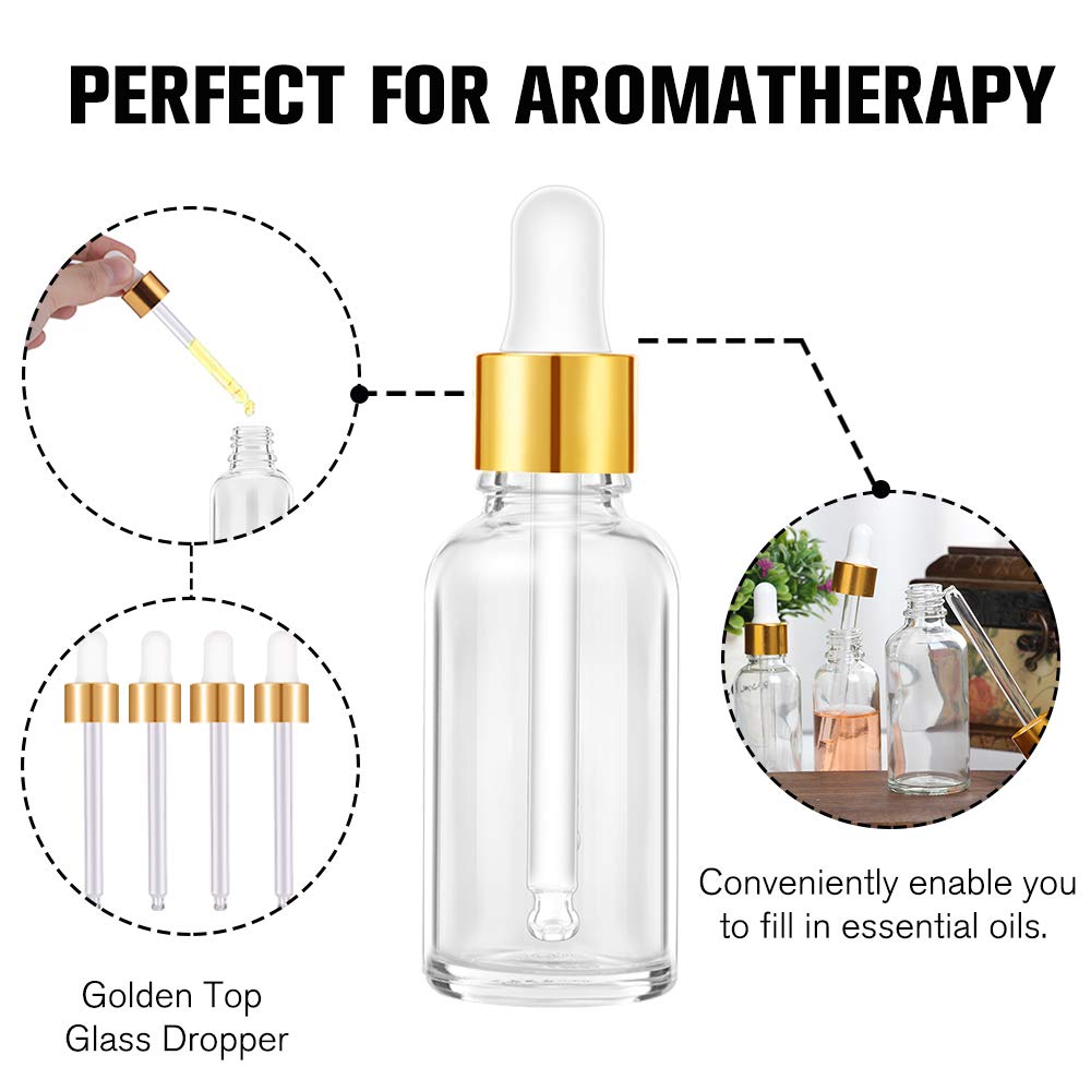 PrettyCare Glass Dropper Bottles 99 Pack, 1oz (30ml) Clear Empty Thick Bottles Bulk with Leakproof Golden Caps - With Labels & Funnels for for Storage, Travel,Essential Oils, DIY Serums