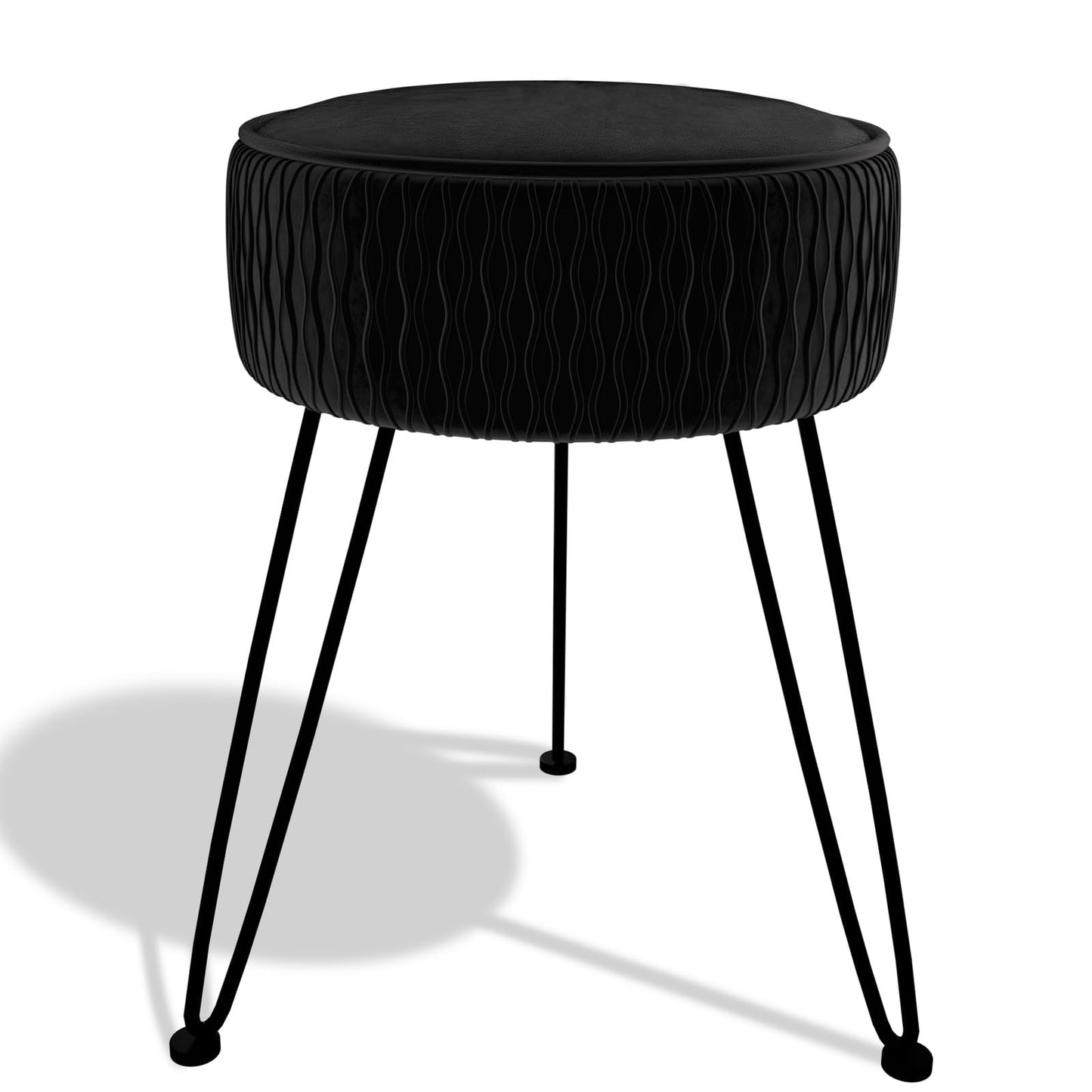 MOOWIND Velvet Vanity Stool Footrests, Round Ottoman Vanity Chairs with Anti-Slip Feet, Dressing Table Seat Foot Stool with Black Legs, Furry Padded Seat Side Table for Makeup Bedroom, Black