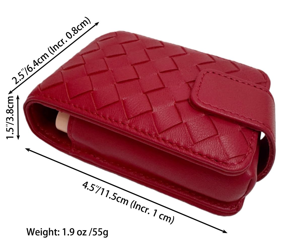 AgentMoon Luxury Handheld Lipstick Pouch with Mirror,Genuine Leather Lip Balm Case with Clamshell Magnetic Hidden Clasp and Hook for Chain.Portable Travel Cosmetic Case for Women Gift. (Red Woven)