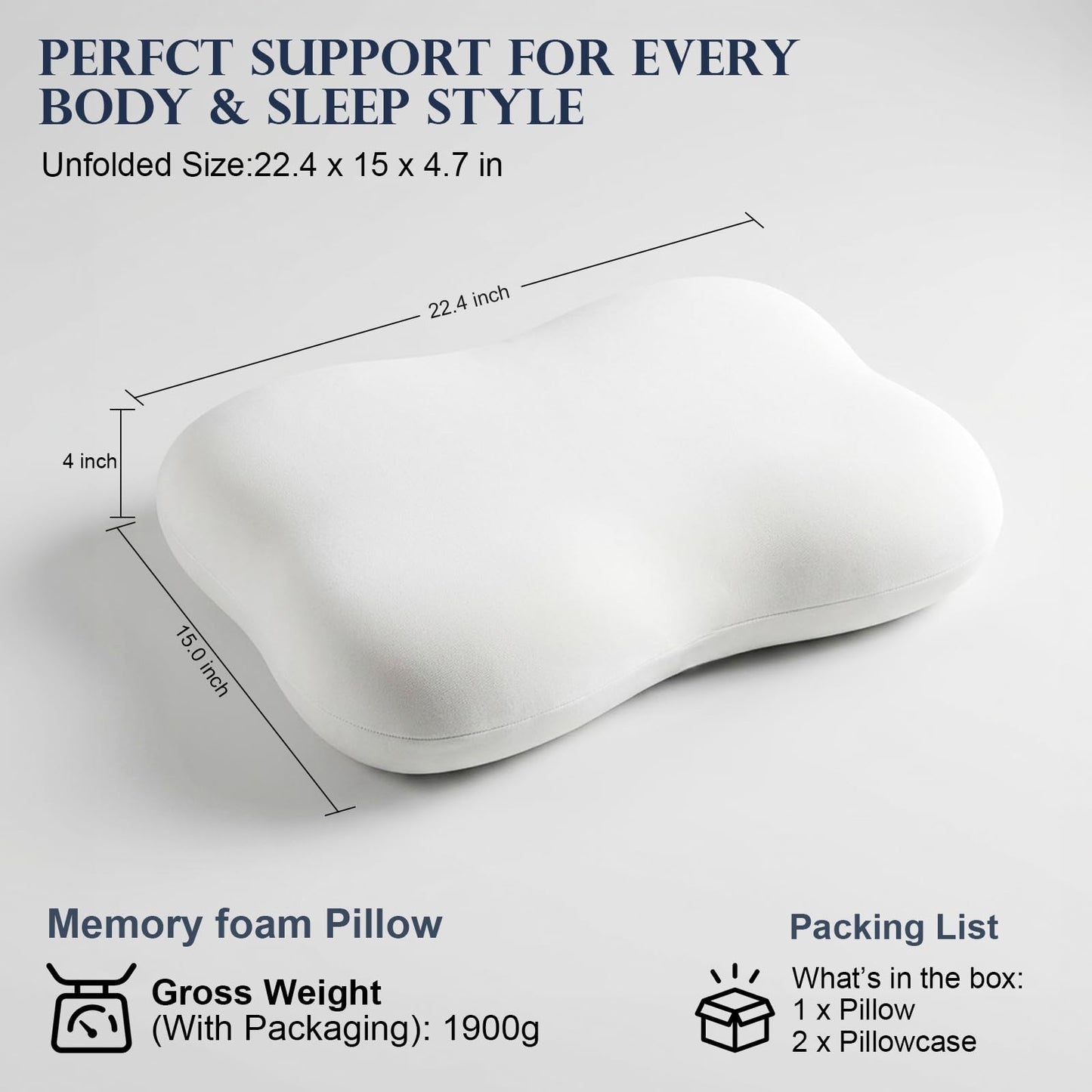 doudou Cervical Pillow for Side Sleepers - Neck Pain Relief Pillow with 3-5 Second Slow Rebound Memory Foam, 360° Ergonomic Support & Cooling Odor-Resistant Pillowcase for Home, Bed, Dorm Use