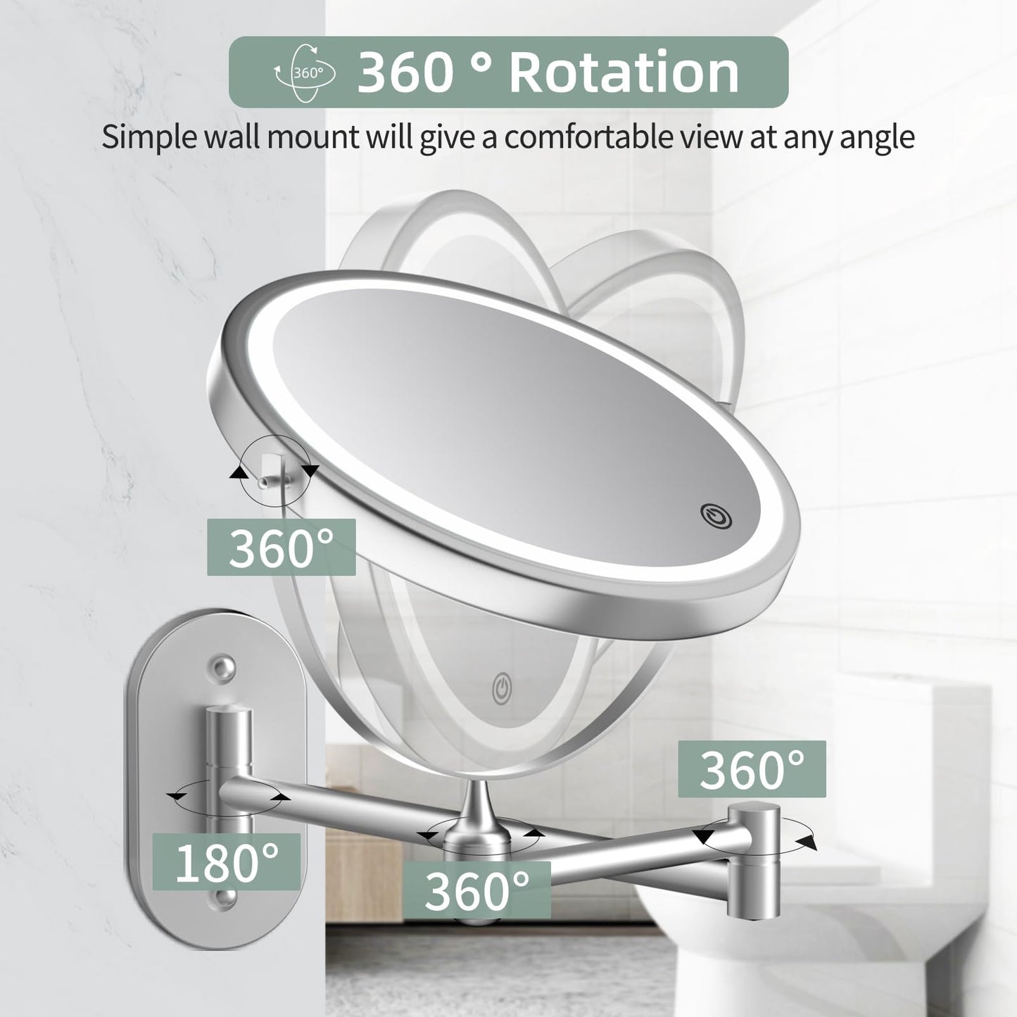 Rechargeable Wall Mounted Lighted Makeup Vanity Mirror 8 inch 1X/20X Magnifying Bathroom Mirror with 3 Color Lights, Double Sided with Dimmable LED Lights, Extended Arm 360° Swivel Extension Mirror