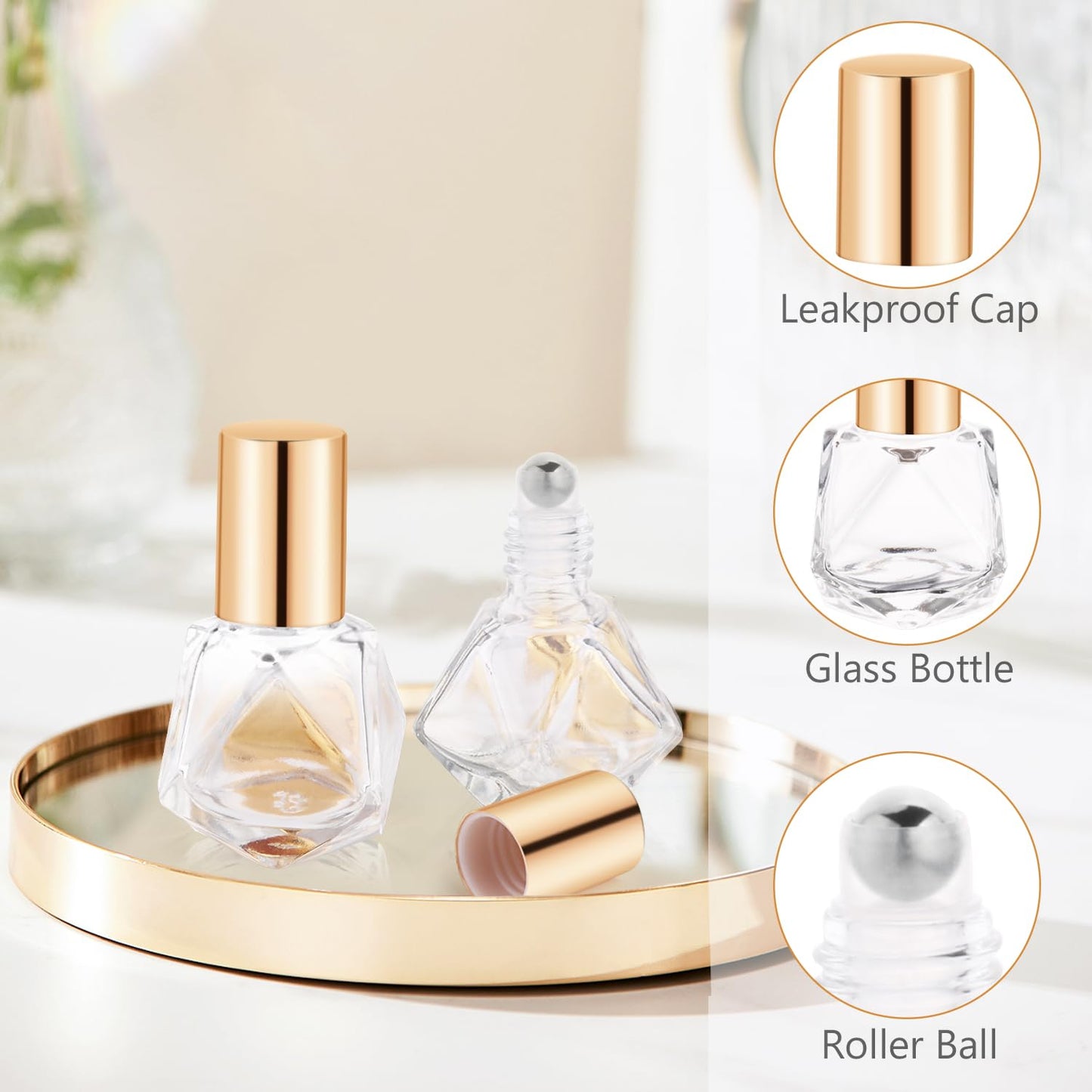 30 Pcs 8ml/0.27oz Essential Oil Roller Bottles Glass Polygonal Roller Bottles Empty Cosmetic Vials Containers with Stainless Steel Roller Balls for Travel Perfume Essential Oil, 2 Dropper, 1 Funnel