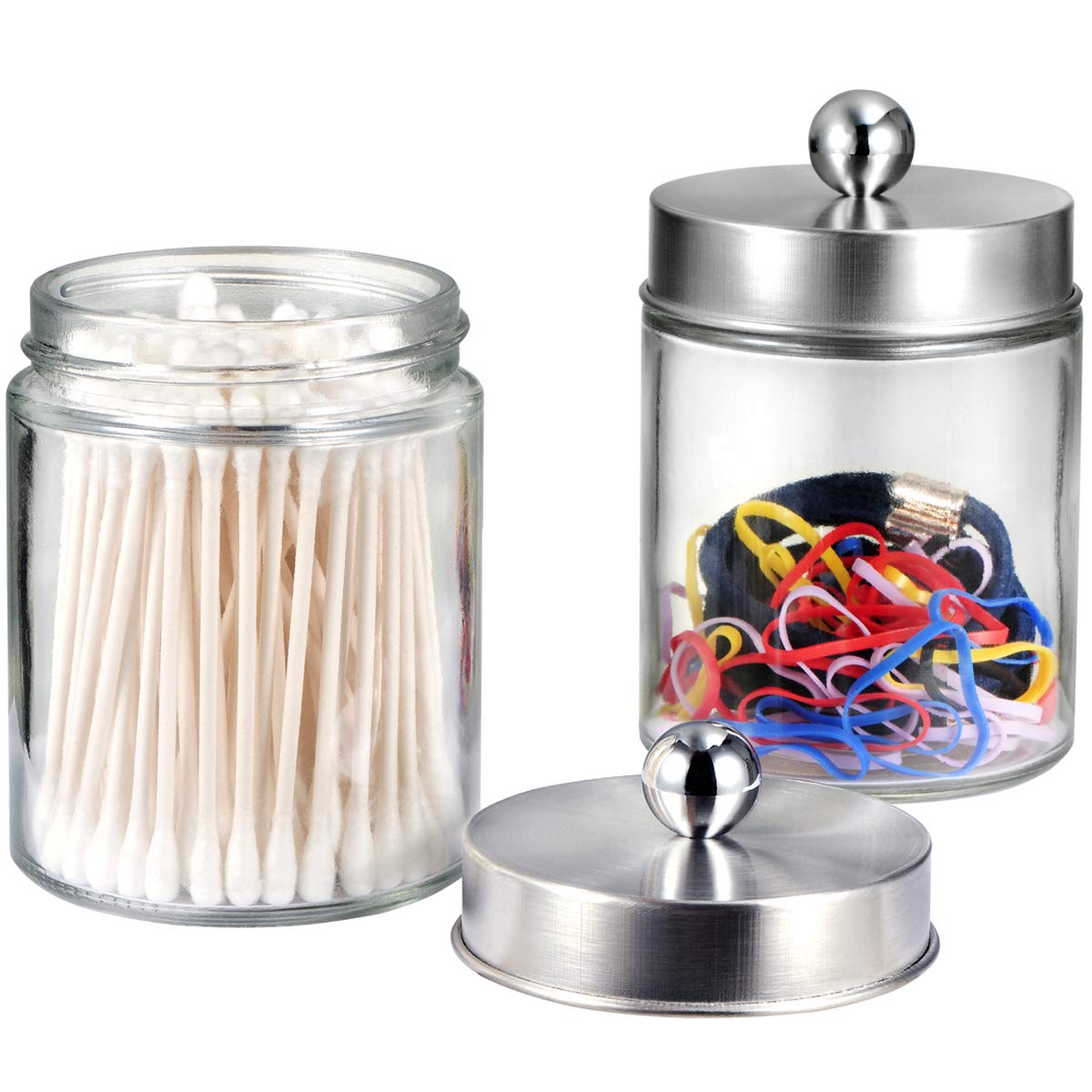 Amolliar Apothecary Jars Bathroom Vanity Organizer -Countertop Canister Jar with Storage Lid - Qtip Dispenser Holder Glass for Qtips,Cotton Swabs,Makeup Sponges,Hair Band - Brushed Nickel (2 Pack)