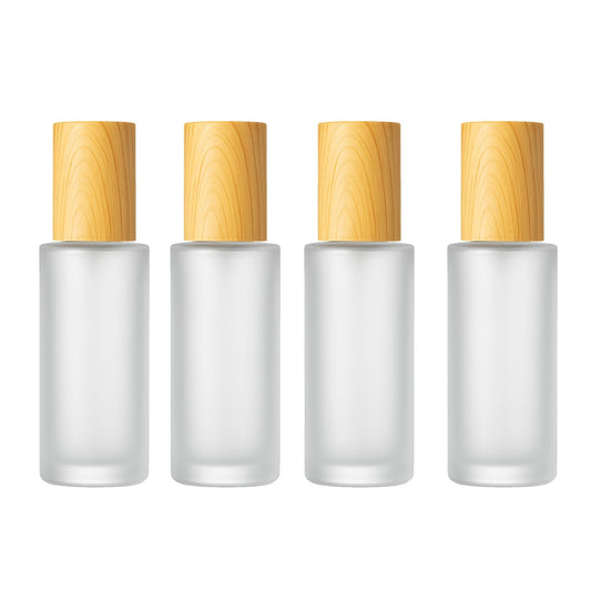 Doromy 4Packs 60ml/2Oz Frosted Glass Spray Bottle with Wood-like Cap Refillable Fine Mist Atomizer Portable Empty Cosmetic Container for Perfume, Essential Oils, Face Mist, Travel, Skincare