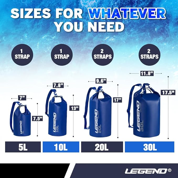 Legend UltraSEA Waterproof Dry Bag 5L/10L/20L/30L - Drybag Waterproof Bag for Kayaking, Swimming & Travel, Roll Top Floating Dry Bag, Lightweight Dry Sack for Boating, Rafting and Beach - 10L Blue