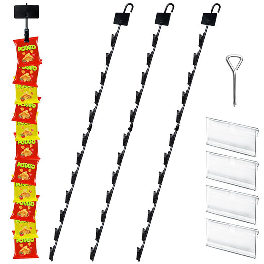 Dafftos Hanging Merchandise Strips with Hooks Chip Display Rack Stands Potato Bag Holder 12 Clips for Retail 32 inches Displaying Black Label Headers Card Snacks Metal 4 Pack