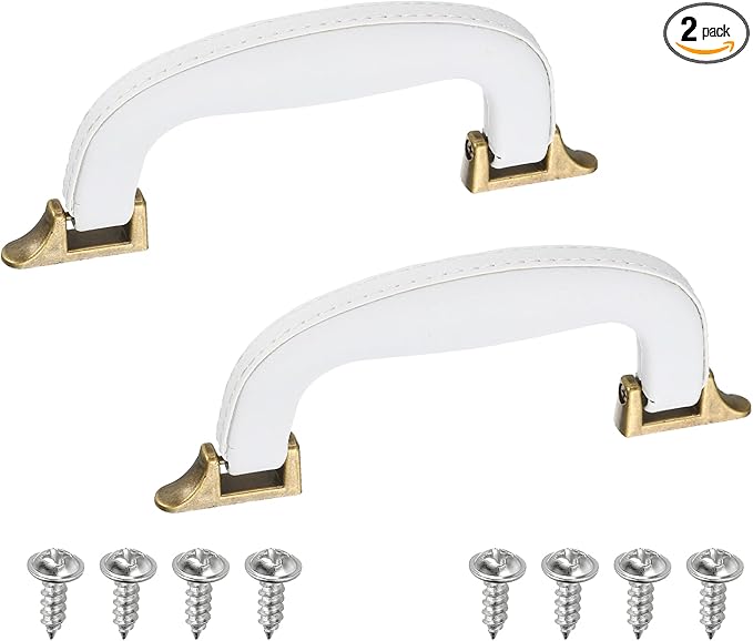 uxcell 2 Pcs PU Leather Luggage Handle, 0.9" Hole Distance Vintage U-Shape Replacement Strap Handle for Travel Handbag Guitar Musical Box Gift Boxes, White/Bronze