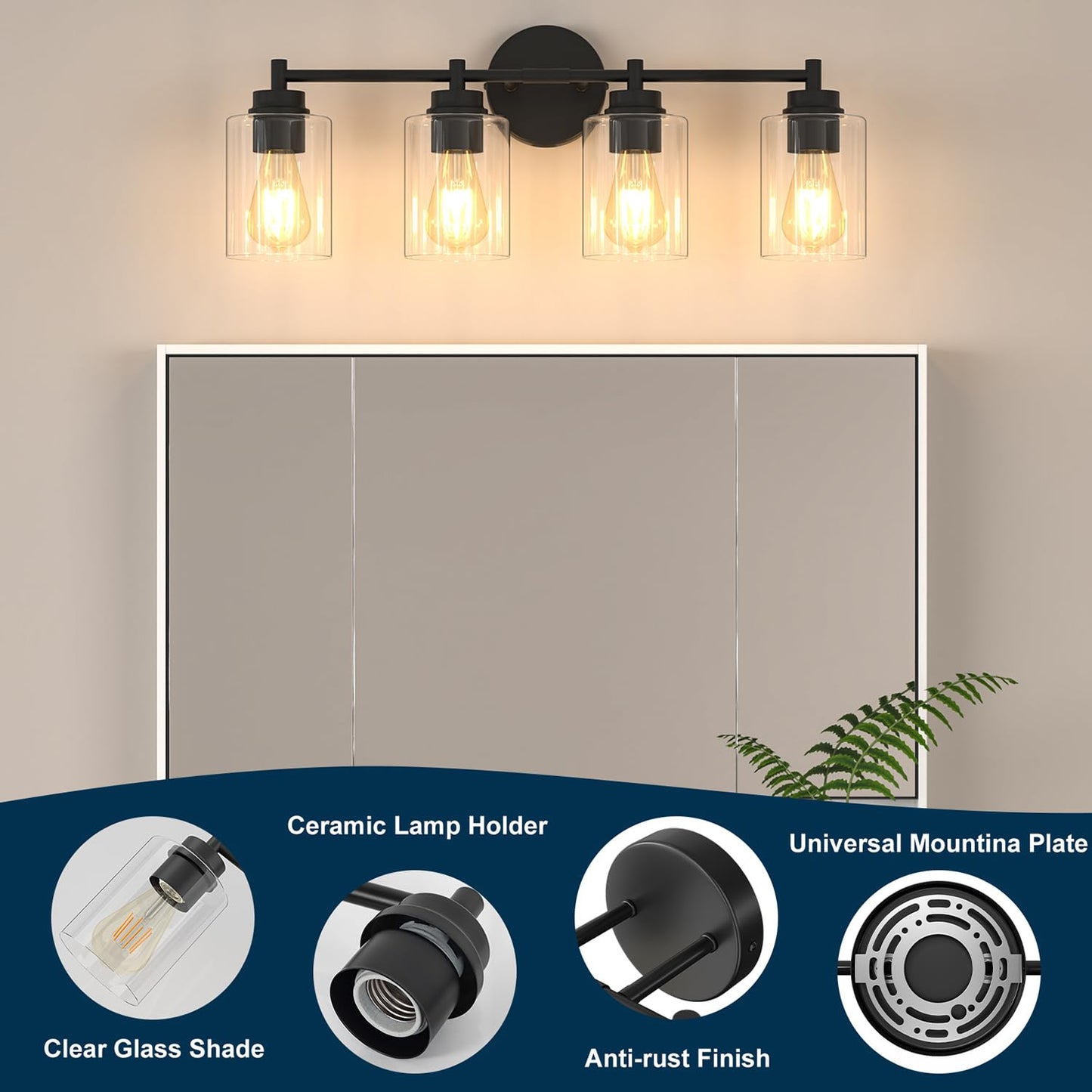Sobrovo 4-Light Bathroom Light Fixtures, Matte Black Modern Vanity Light with Clear Glass Shades, Bathroom Sconce for Mirror Living Room Cabinet Bedroom Porch,E26 Base(Bulbs Not Included)