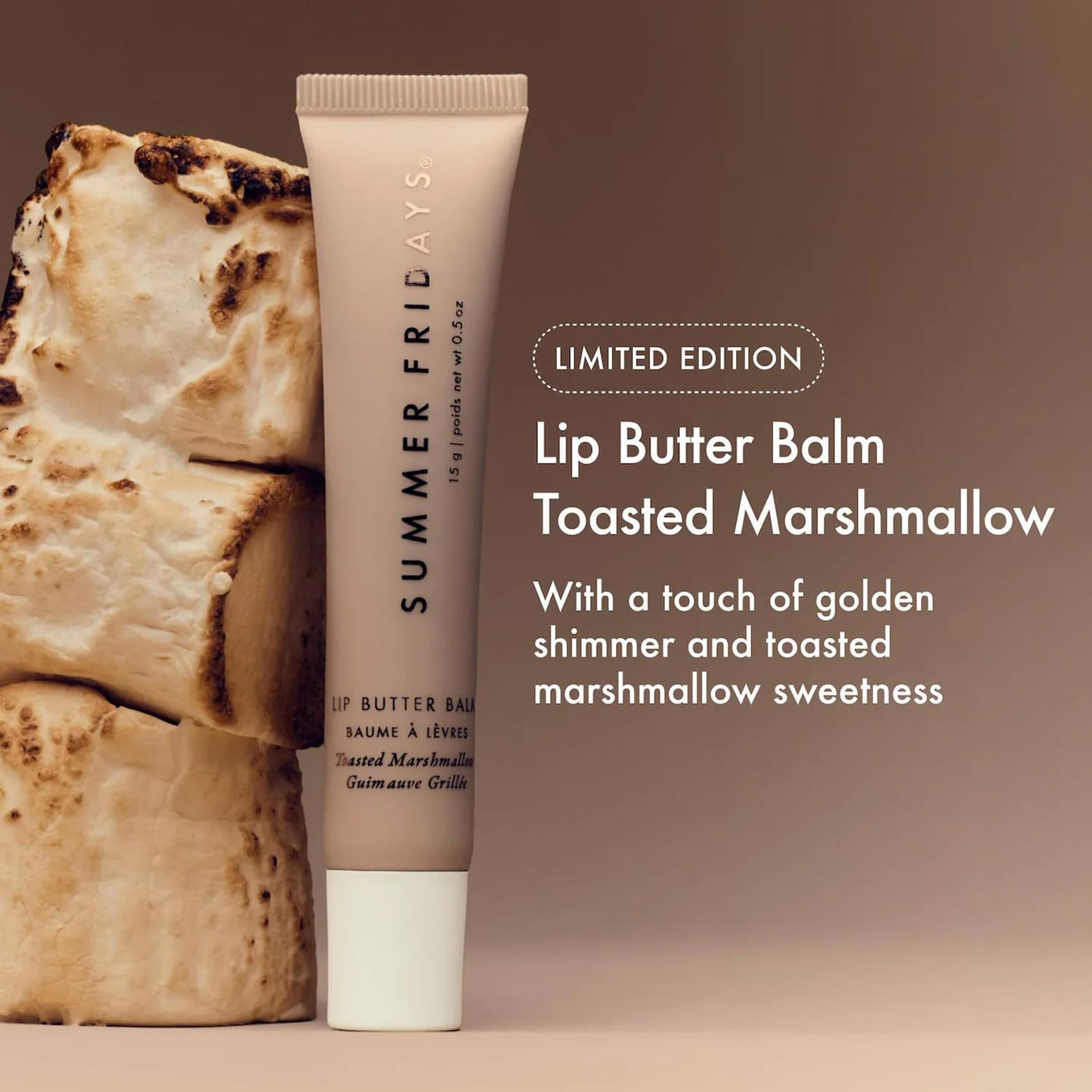 Summer Fridays Lip Butter Balm - Moisturizing Lip Gloss for Instant Shine + Sheer Color - With Nourishing Shea Butter - Everyday Makeup + Skin Care Summer Essentials - Toasted Marshmallow (.5 Oz)