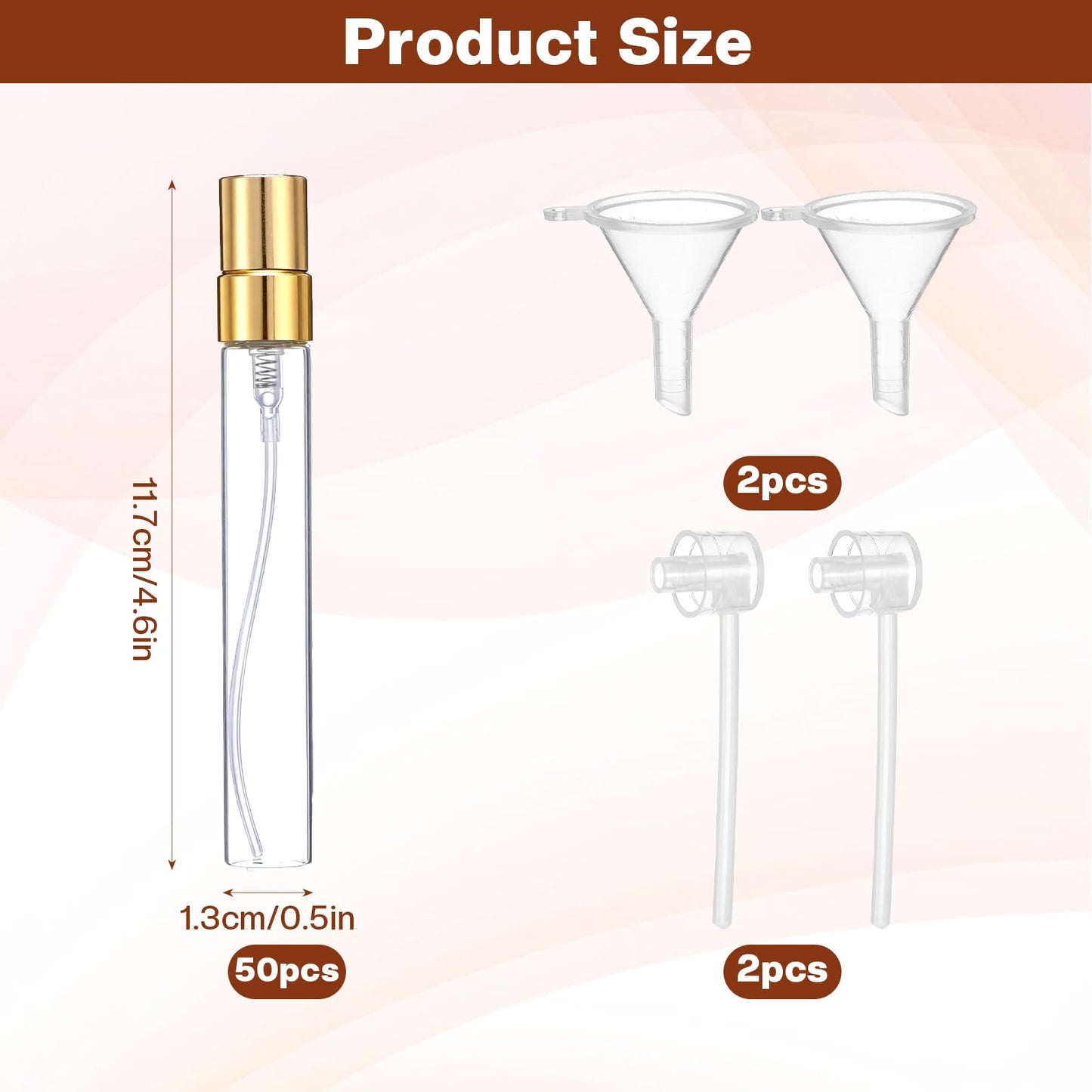 AOZUO 50 Pcs 10ml/0.34oz Mini Perfume Bottles Set Includes 2 Funnels and 2 Dispensers, Refillable Glass Spray Bottles Portable Travel Empty Sample Containers Fine Mist Atomizers with Caps, Gold