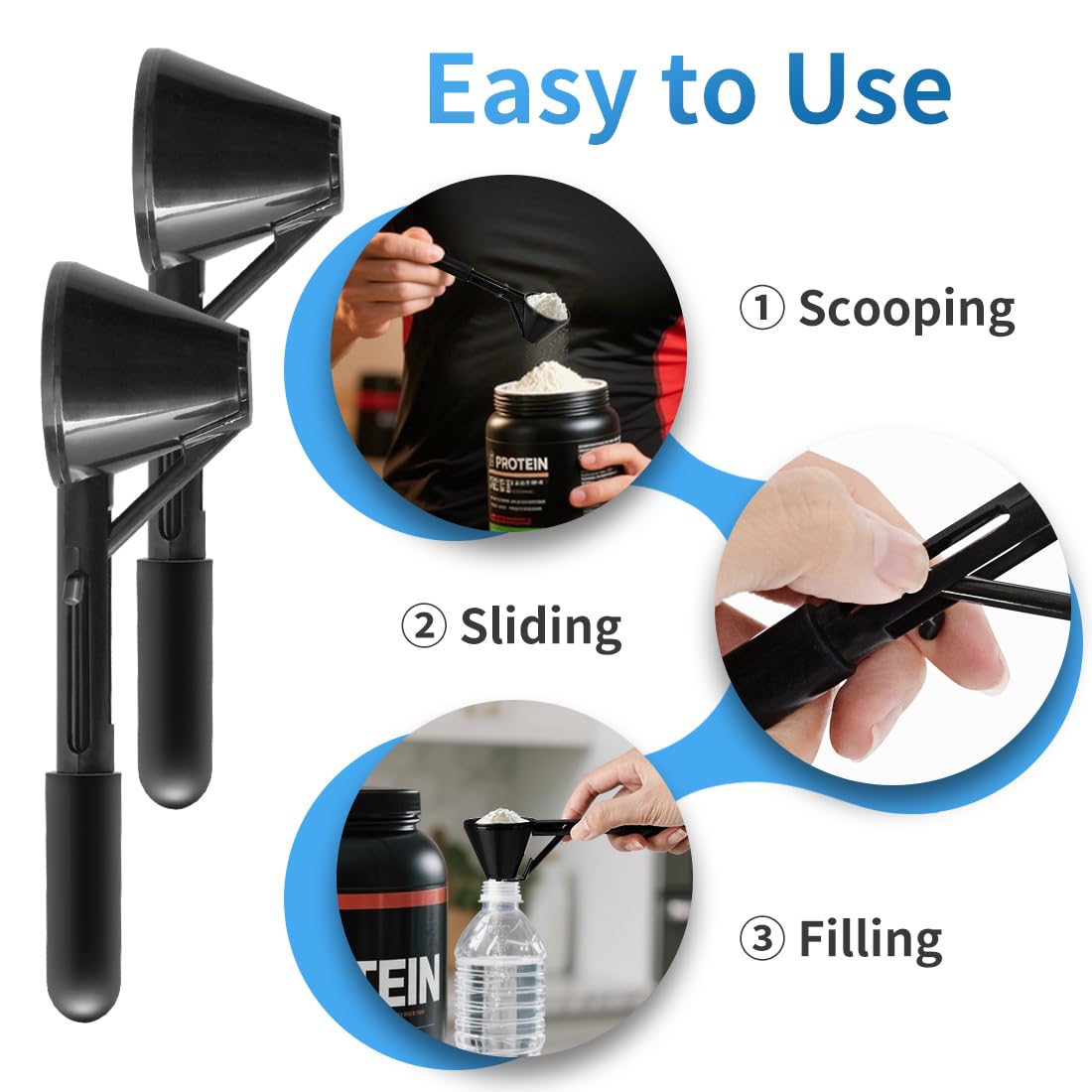 Coffee Scoop and Funnel for Powder - Water Bottle Funnel Pre Workout Scoop for Protein 2 Pack Slide Bottom Measuring Filling Scoop for Coffee Grounds and Powder