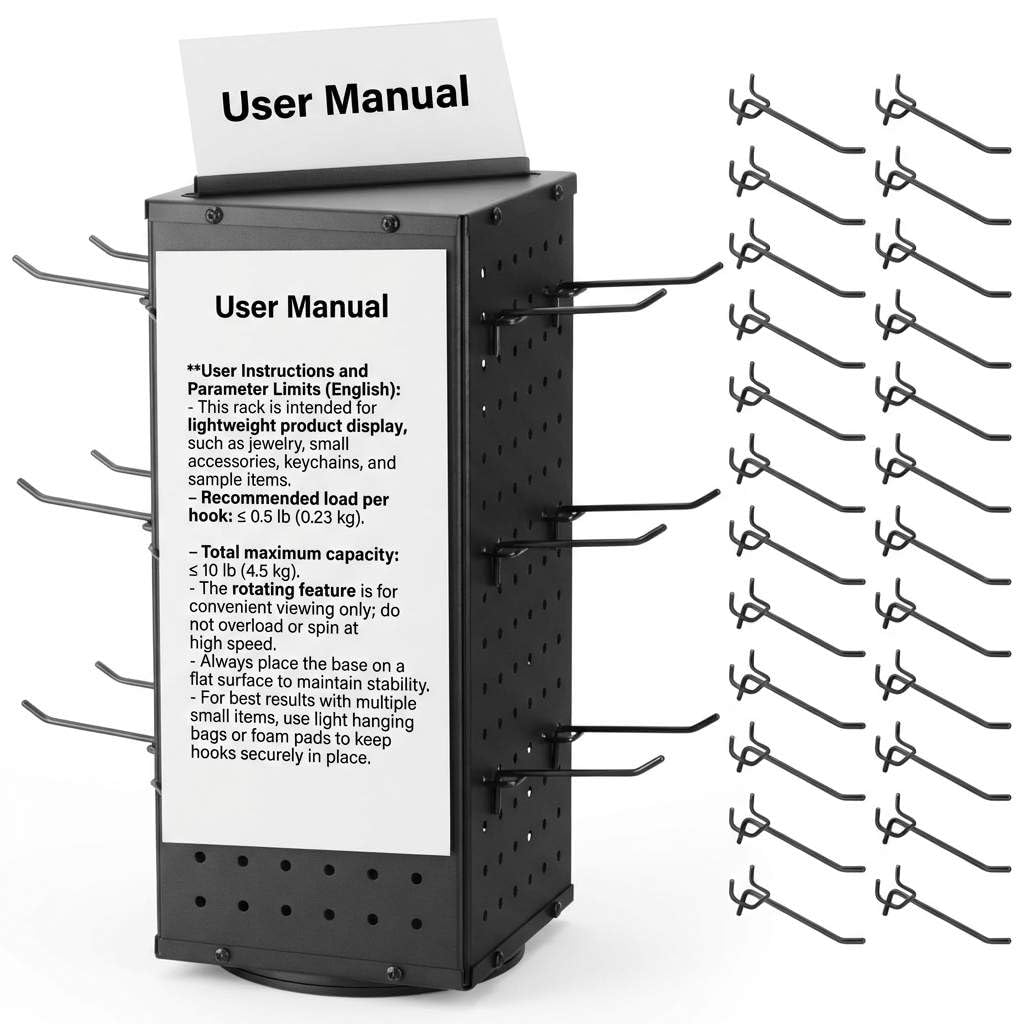 QWORK Rotating Metal Pegboard Display Stand – 4-Sided Spinner with 24 Hooks for Jewelry, Craft & Retail Use