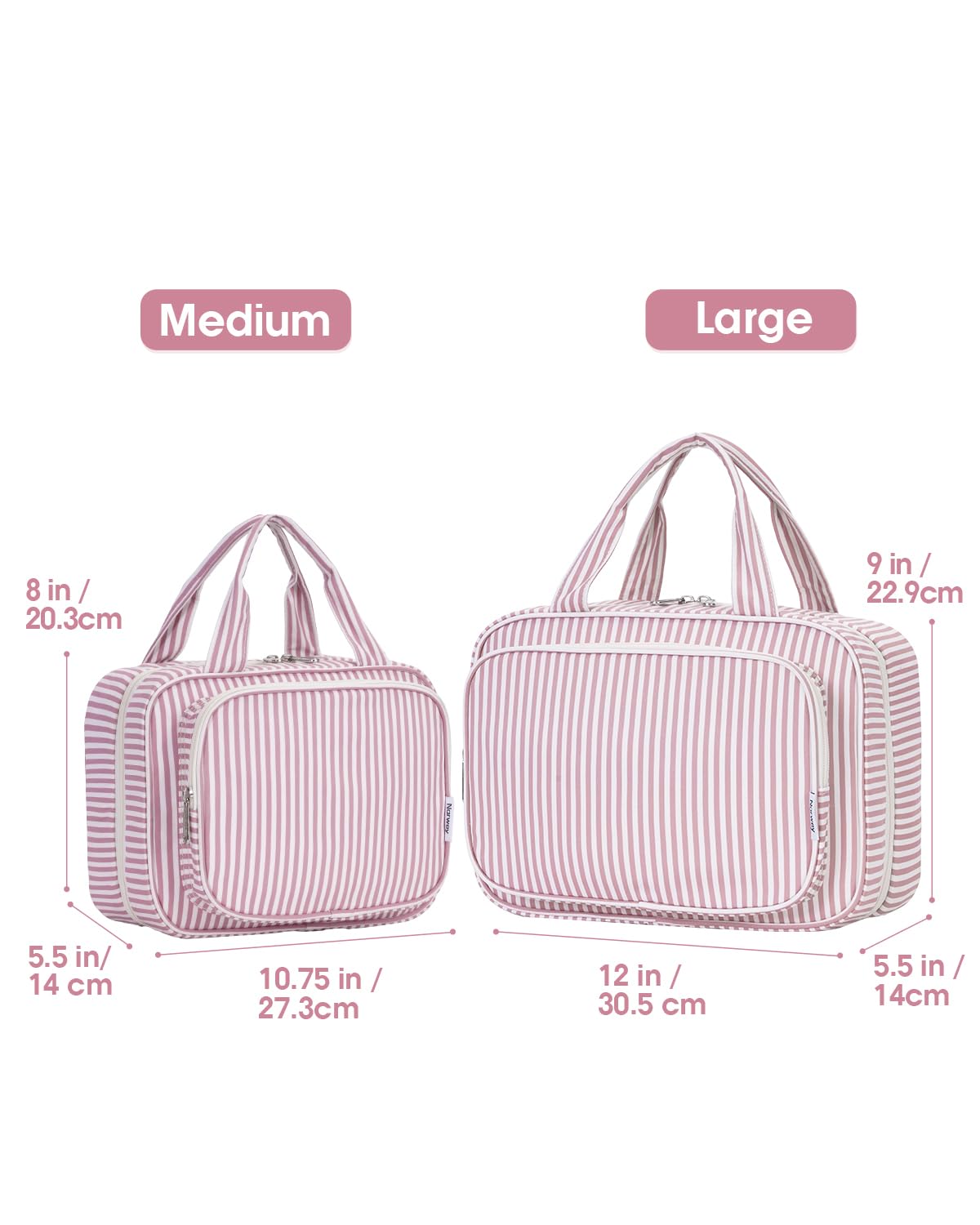 Narwey Striped Travel Toiletry Bag for Women Large Hanging Makeup Bag Organizer Toiletries Bag for Full Size Essentials Accessories Cosmetics (Dusty Pink Stripe (Large))
