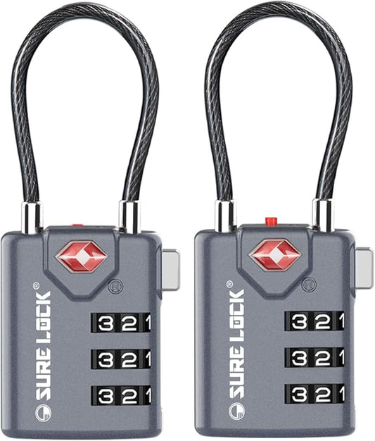 SURE LOCK TSA Compatible Travel Luggage Locks, Inspection Indicator, Easy Read Dials TSA Approved with Zinc Alloy Grey 2 Pack