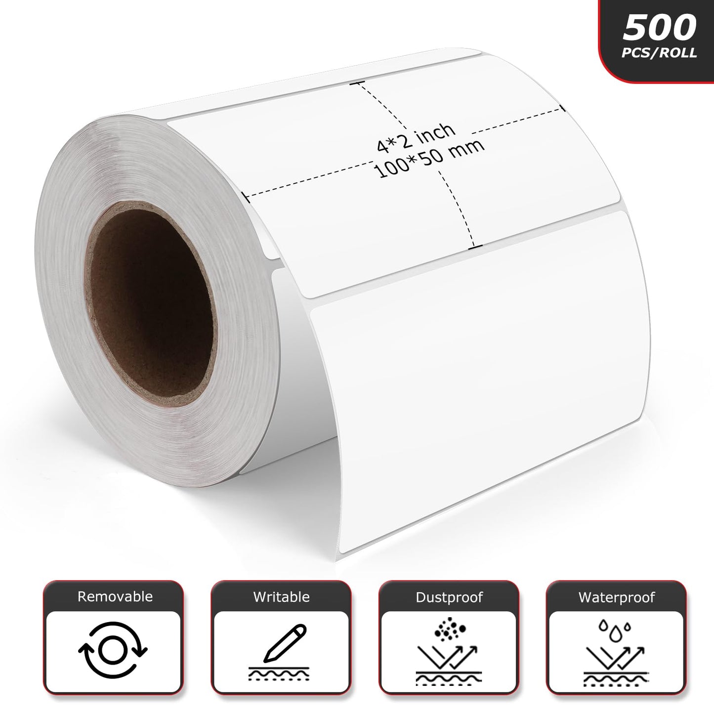 Meitaat White Rectangle Stickers 4 x 2 Inch Color Coding Labels Vinyl Roll Self-Adhesive Waterproof Removable 500 PCS