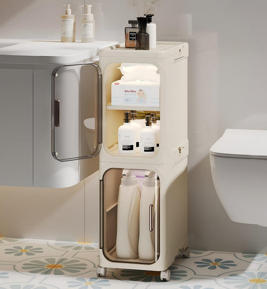 AntStep 2-Tier Slim Bathroom Storage Cabinet, Narrow Storage Cabinet with Wheels, Adjustable Shelves, Magnetic Doors, Water-Proof, Anti-Tip Skinny Organizer Cabinet for Small Space, Cream White