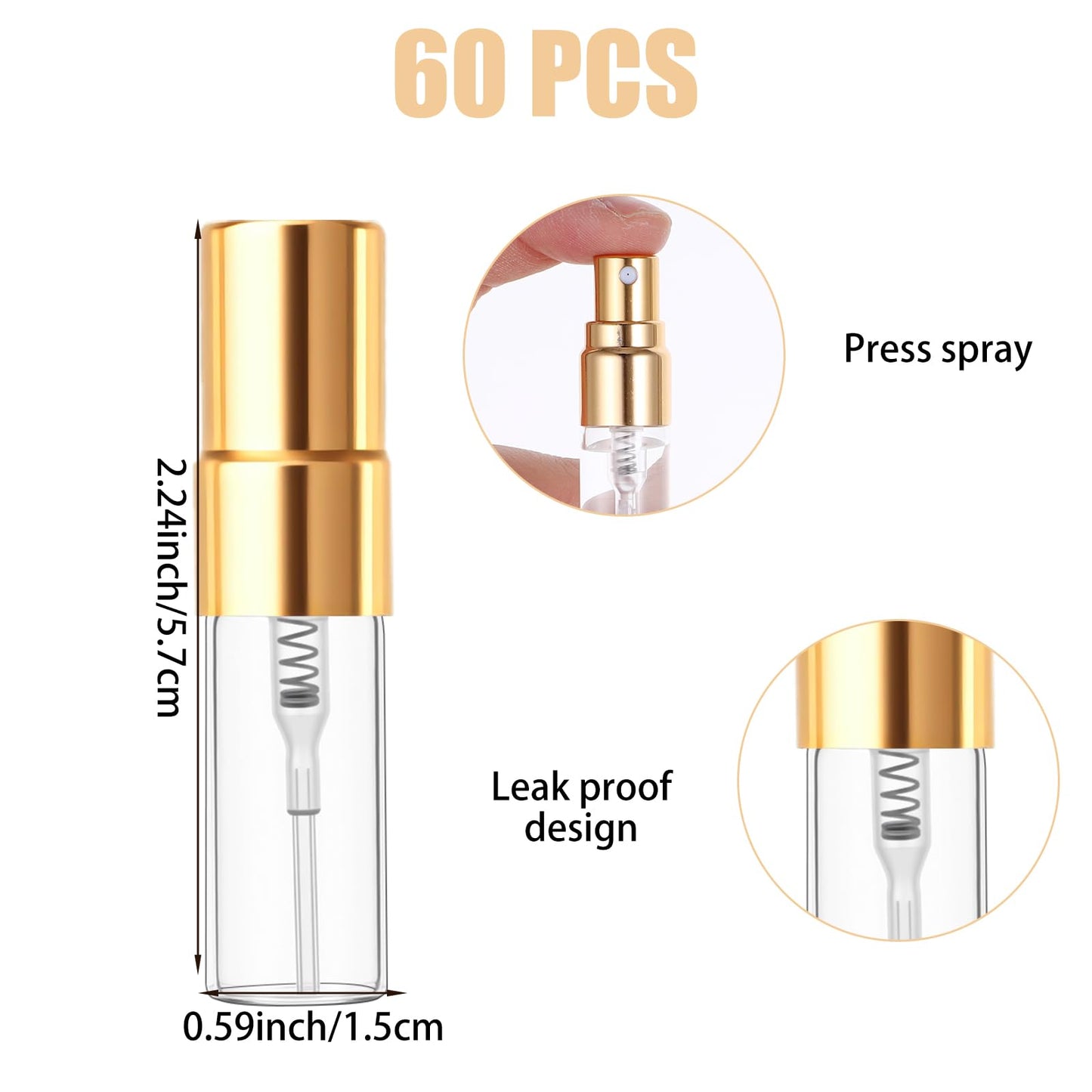 Dimeho 60 Pcs 3ml Fine Mist Atomizer Empty Glass Spray Bottle Refillable Perfume Travel Bottles Clear Portable Sample Containers with Gold Lids for Cleaning Essential Oils Makeup Liquid DIY Party