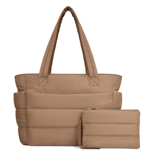 TOPDesign Puffer Tote Bag for Women, Lightweight Puffy Handbag with Compartments & Cosmetic Bag, Quilted Shoulder Bags for Work, Travel, Gym, Gifting (M Khaki)