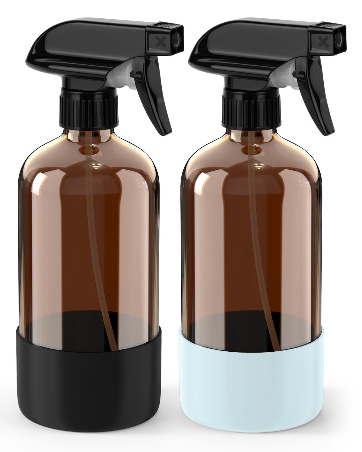 Bontip Glass Spray Bottle with Silicone Sleeve Protection, Amber Glass Spray Bottle Set for Window Cleaner Aromatherapy Facial Hydration Watering Flowers Hair Care 2 Pack/16 oz (Black & Blue, 16 oz)
