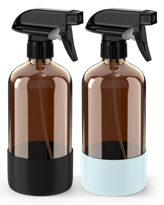 Bontip Glass Spray Bottle with Silicone Sleeve Protection, Amber Glass Spray Bottle Set for Window Cleaner Aromatherapy Facial Hydration Watering Flowers Hair Care 2 Pack/16 oz (Black & Blue, 16 oz)