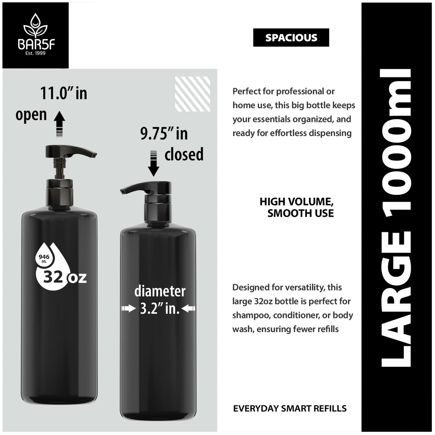 Bar5F 1-Liter BPA-Free Black Pump Bottles – Refillable PET Plastic Dispensers for Shampoo, Conditioner & Body Wash with UV Shield Gloss Finish, Heavy-Duty 3-Pack
