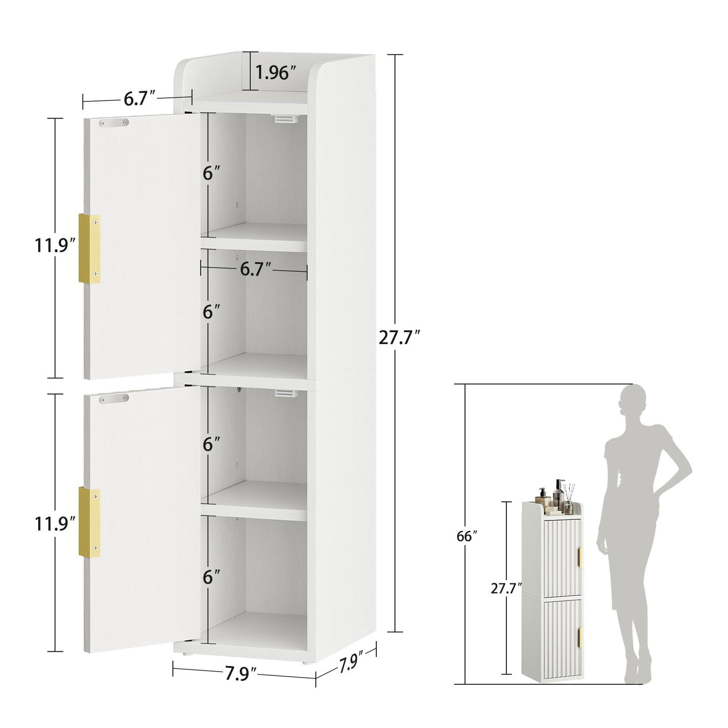 Yoobure Small Bathroom Storage Cabinet - Corner Floor Cabinet with 2 Doors & Adjustable Shelves, Narrow Slim Toilet Paper Cabinets, Skinny Bathroom Organizer for Small Space, 7.9" D x 7.9" W, White