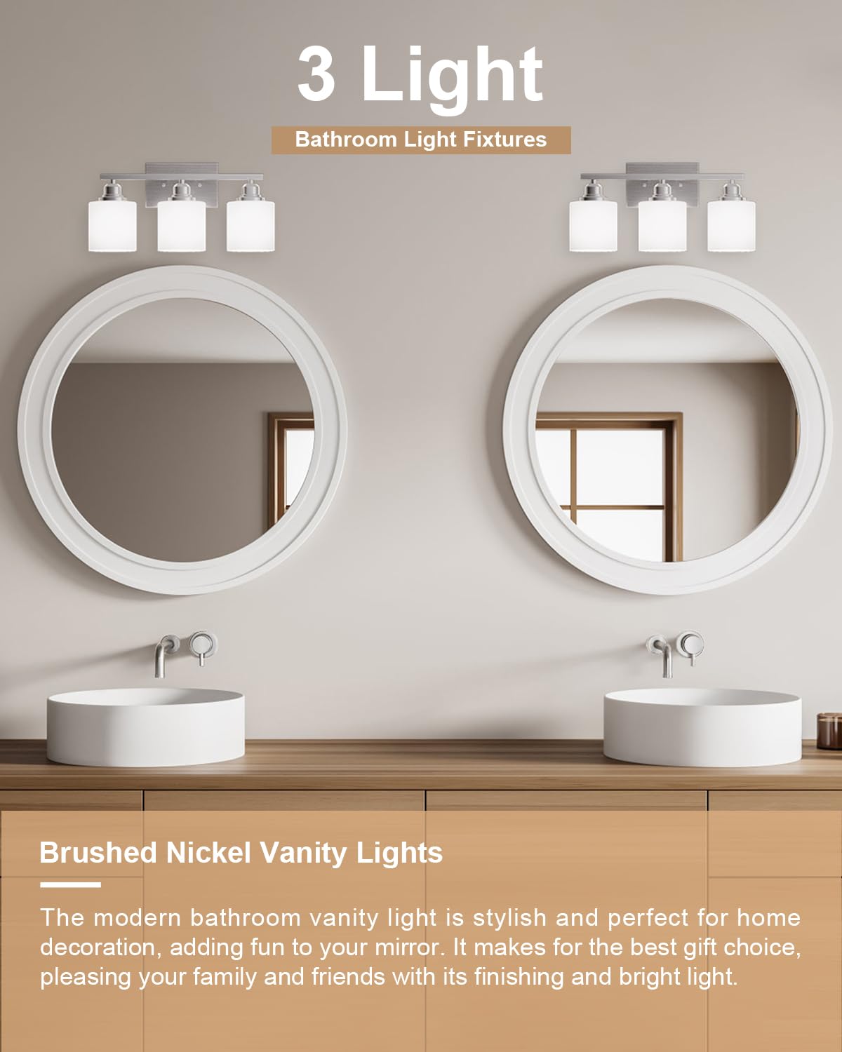 Sailstar Bathroom Light Fixtures Over Mirror, 3-Light Vanity Lights Brushed Nickel, Modern Bathroom Vanity Light, Glass Shade & Anti-Rust Nickel Finished, Bathroom Light for Small Space