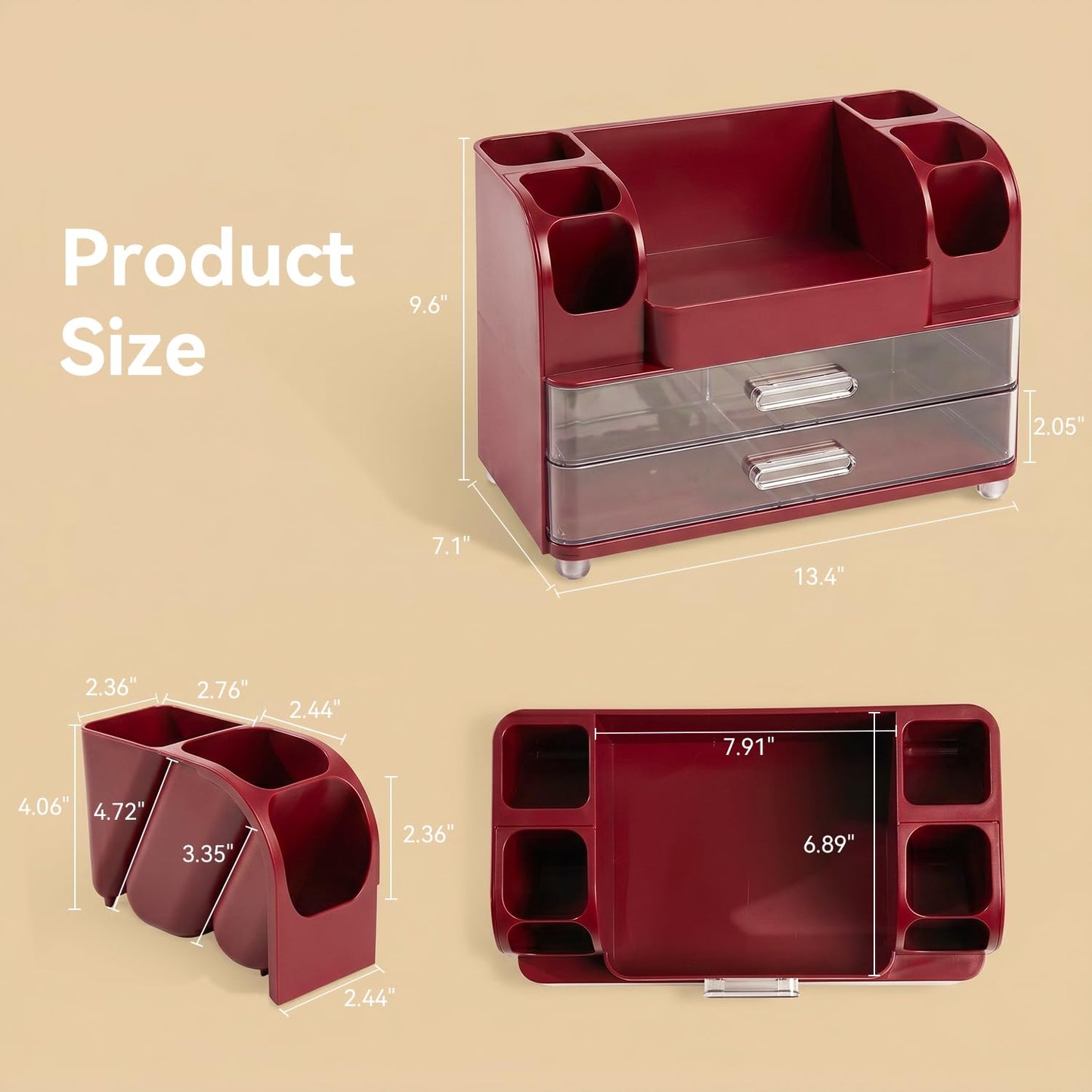 Brothersbox Makeup Organizer for Vanity with 2 Large Drawers and 6 Brush Holders, Large Bathroom Countertop Cosmetic Storage for Skincare, Lipstick, Nail Polish, Perfume, Gift for Women, Red